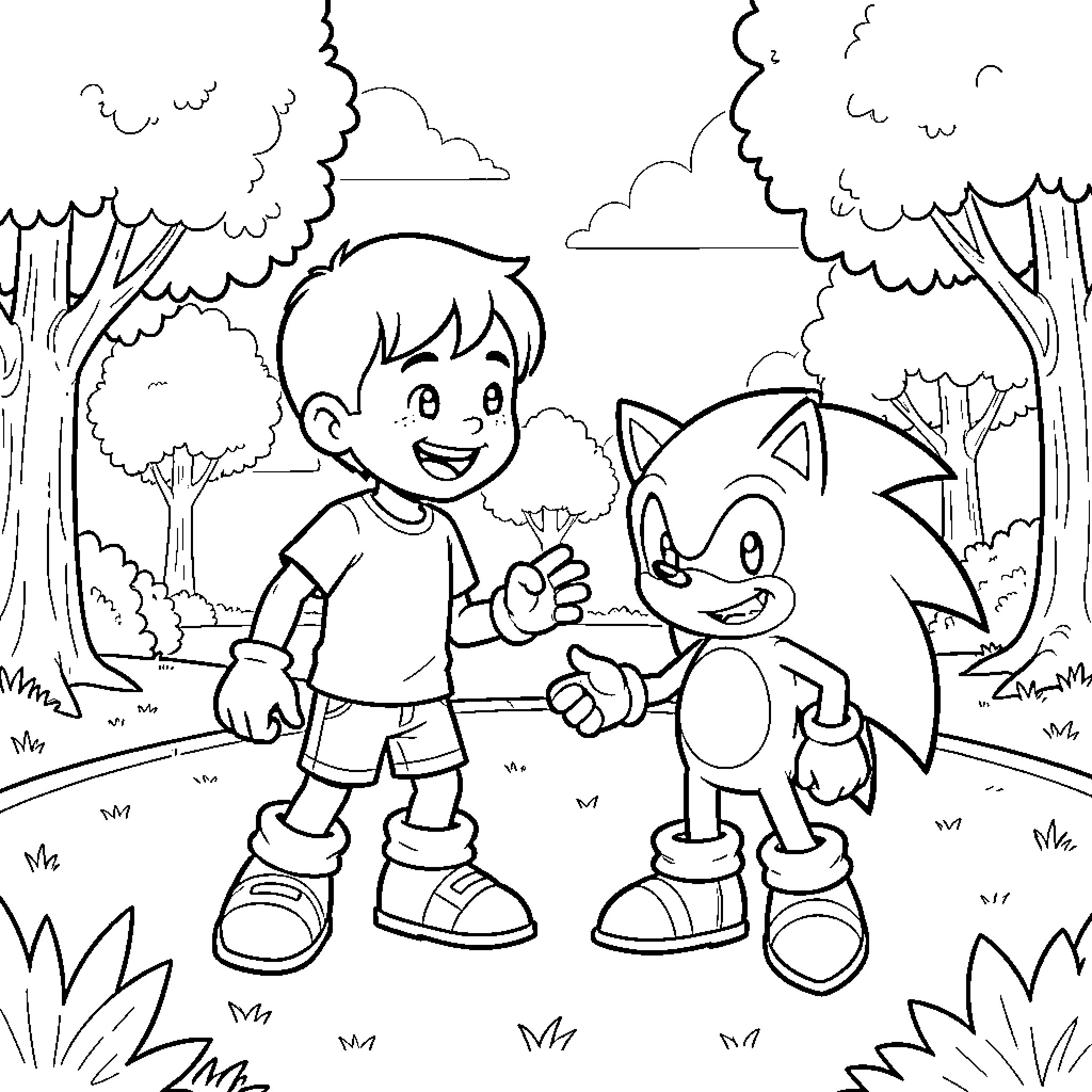 Niño and his friend in the forest Coloring Page (free black-and-white line drawing printable PDF for all, from beginners to advanced learners, including children, teens, adults, and seniors)