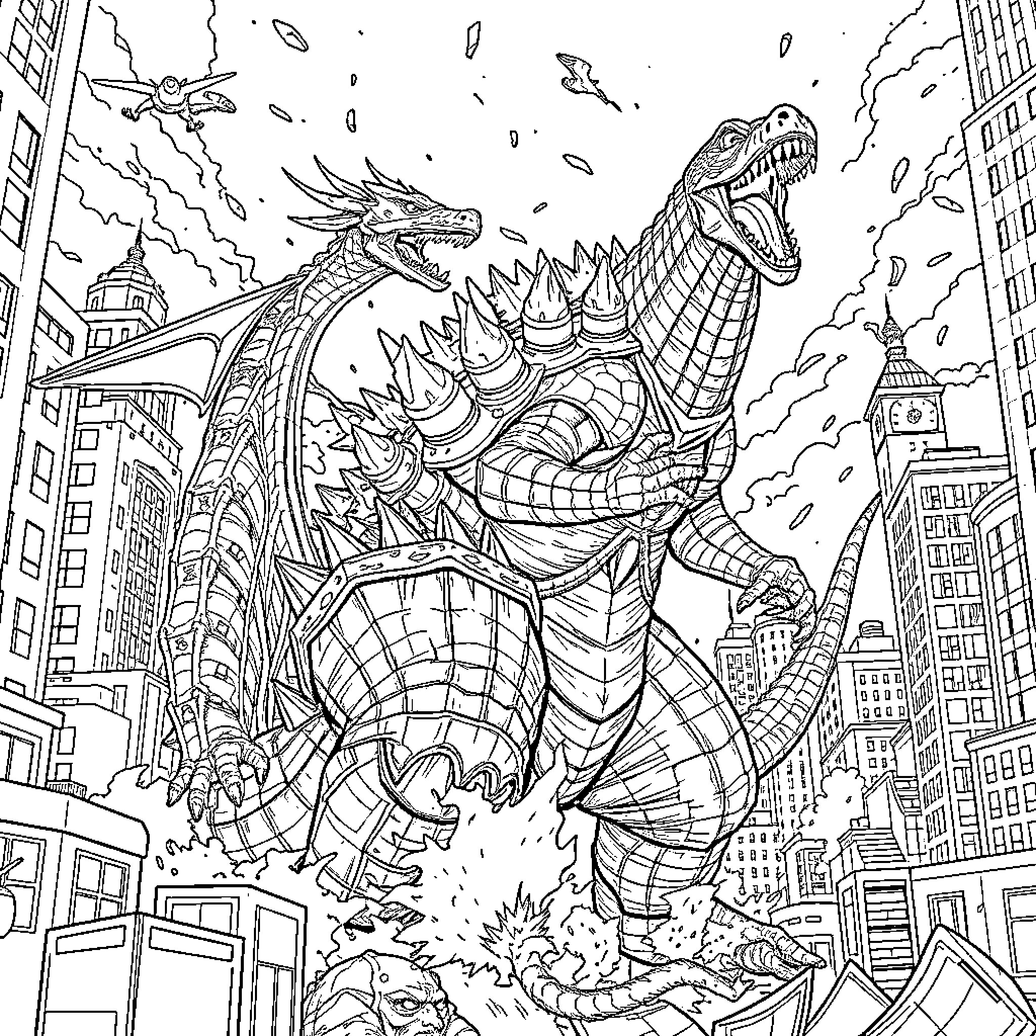 Godzilla Destroys Cityscape with Reckless Abandon Coloring Page (free black-and-white line drawing printable PDF for all, from beginners to advanced learners, including children, teens, adults, and seniors)