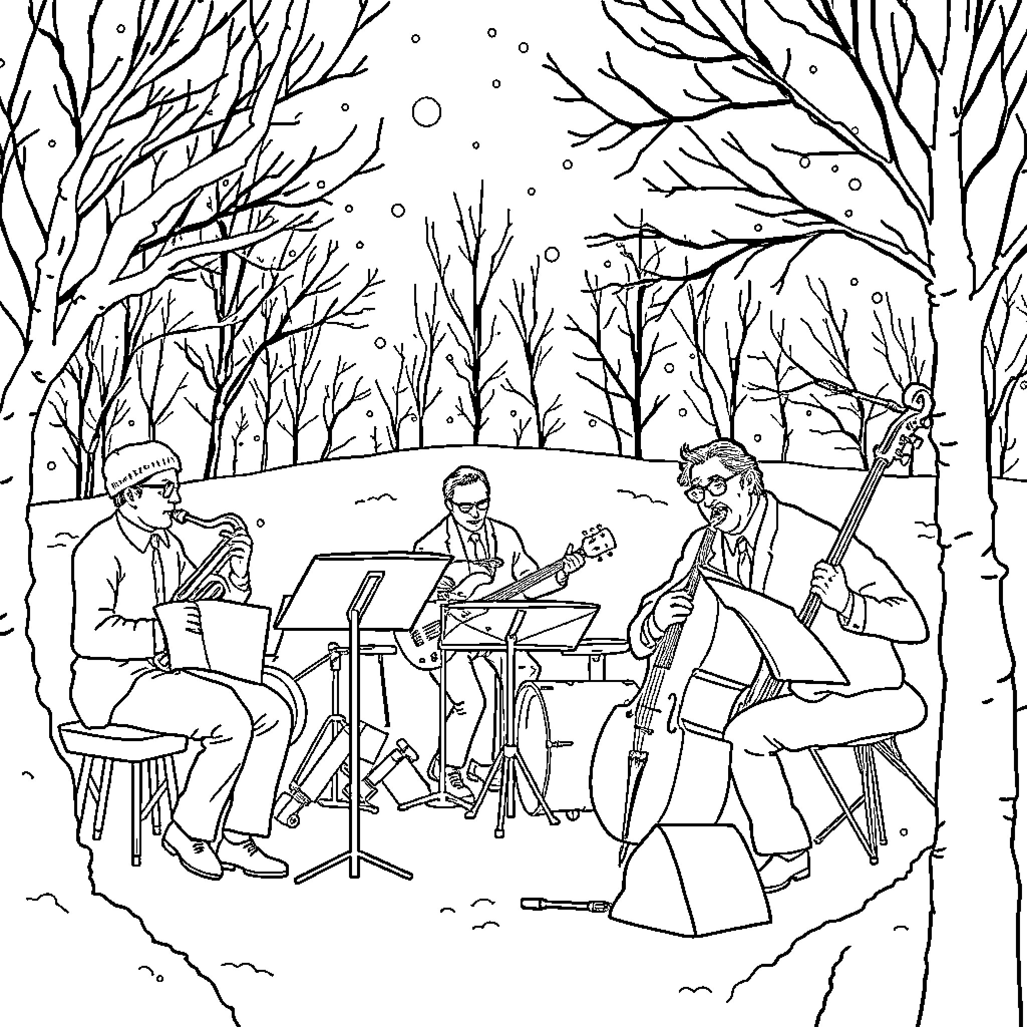 Jazz Orchestra Performing in Snowy Forest Coloring Page (free black-and-white line drawing printable PDF for all, from beginners to advanced learners, including children, teens, adults, and seniors)