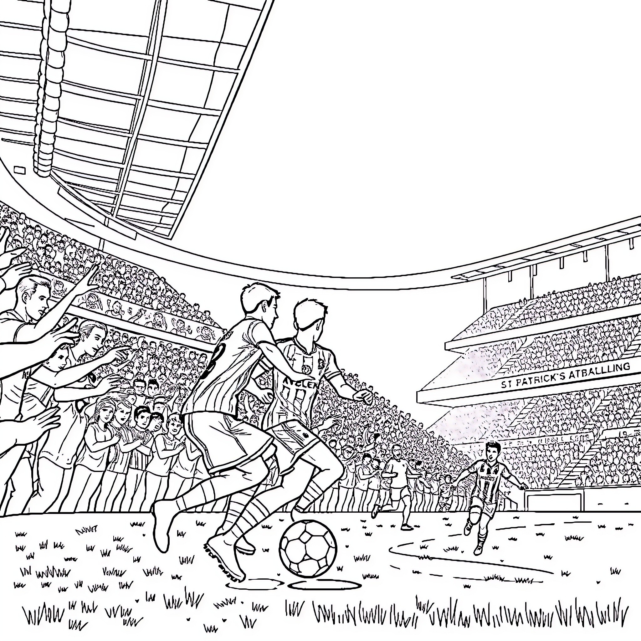 Footballer in action on the sports field Coloring Page (free black-and-white line drawing printable PDF for all, from beginners to advanced learners, including children, teens, adults, and seniors)