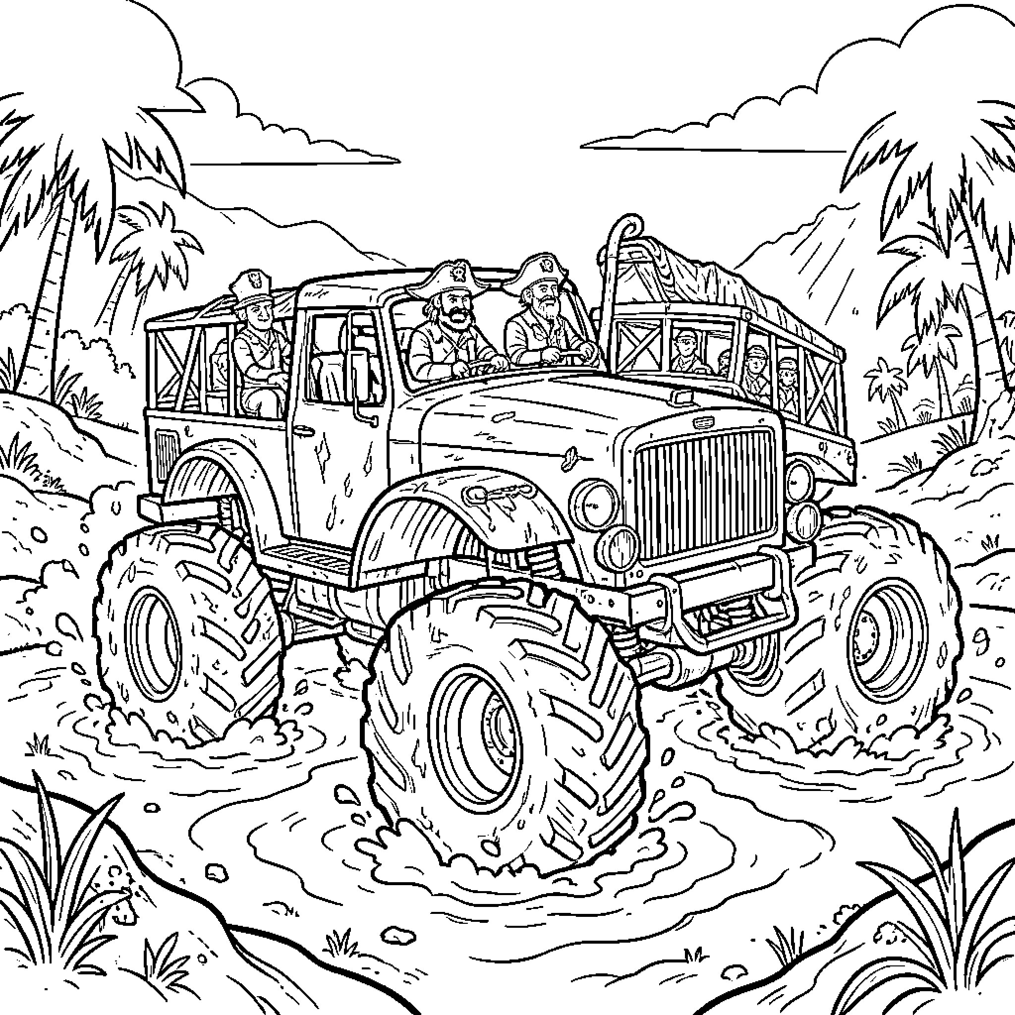 Monster Truck driving through a tropical jungle river Coloring Page (free black-and-white line drawing printable PDF for all, from beginners to advanced learners, including children, teens, adults, and seniors)