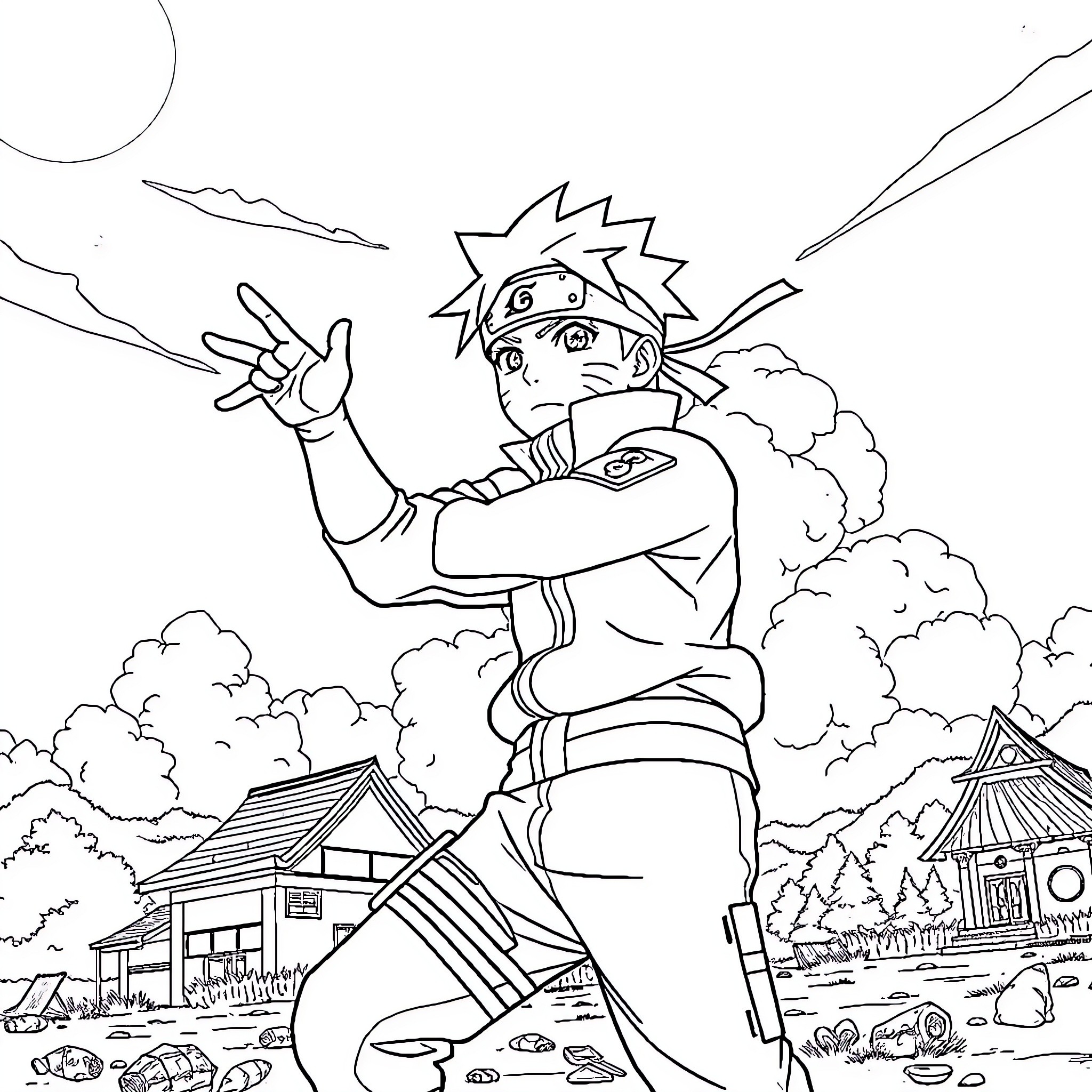 Naruto unleashing powerful ninja techniques in a village scene Coloring Page (free black-and-white line drawing printable PDF for all, from beginners to advanced learners, including children, teens, adults, and seniors)