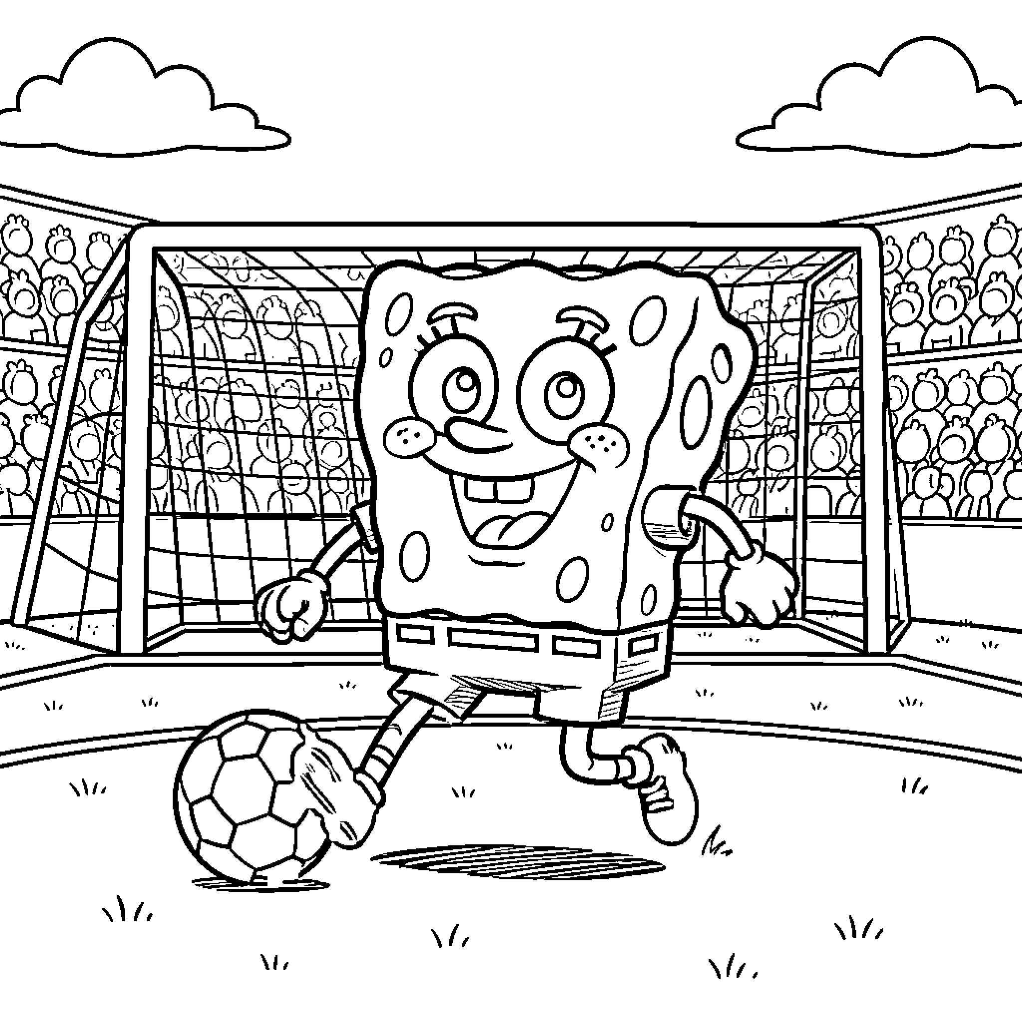 Spongebob playing soccer in front of a stadium crowd Coloring Page (free black-and-white line drawing printable PDF for all, from beginners to advanced learners, including children, teens, adults, and seniors)