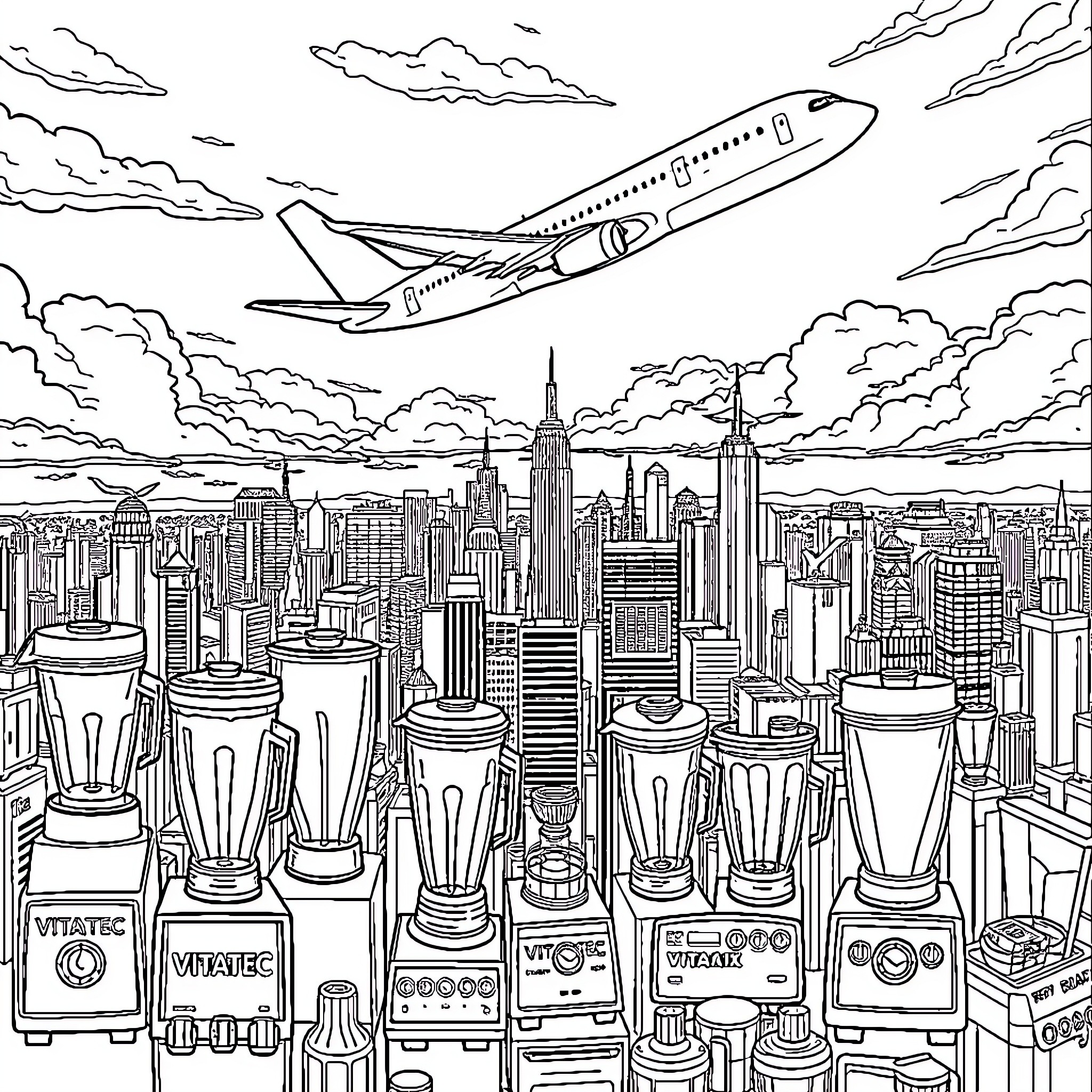 Boeing Airplane Soaring Over Cityscape Coloring Page (free black-and-white line drawing printable PDF for all, from beginners to advanced learners, including children, teens, adults, and seniors)