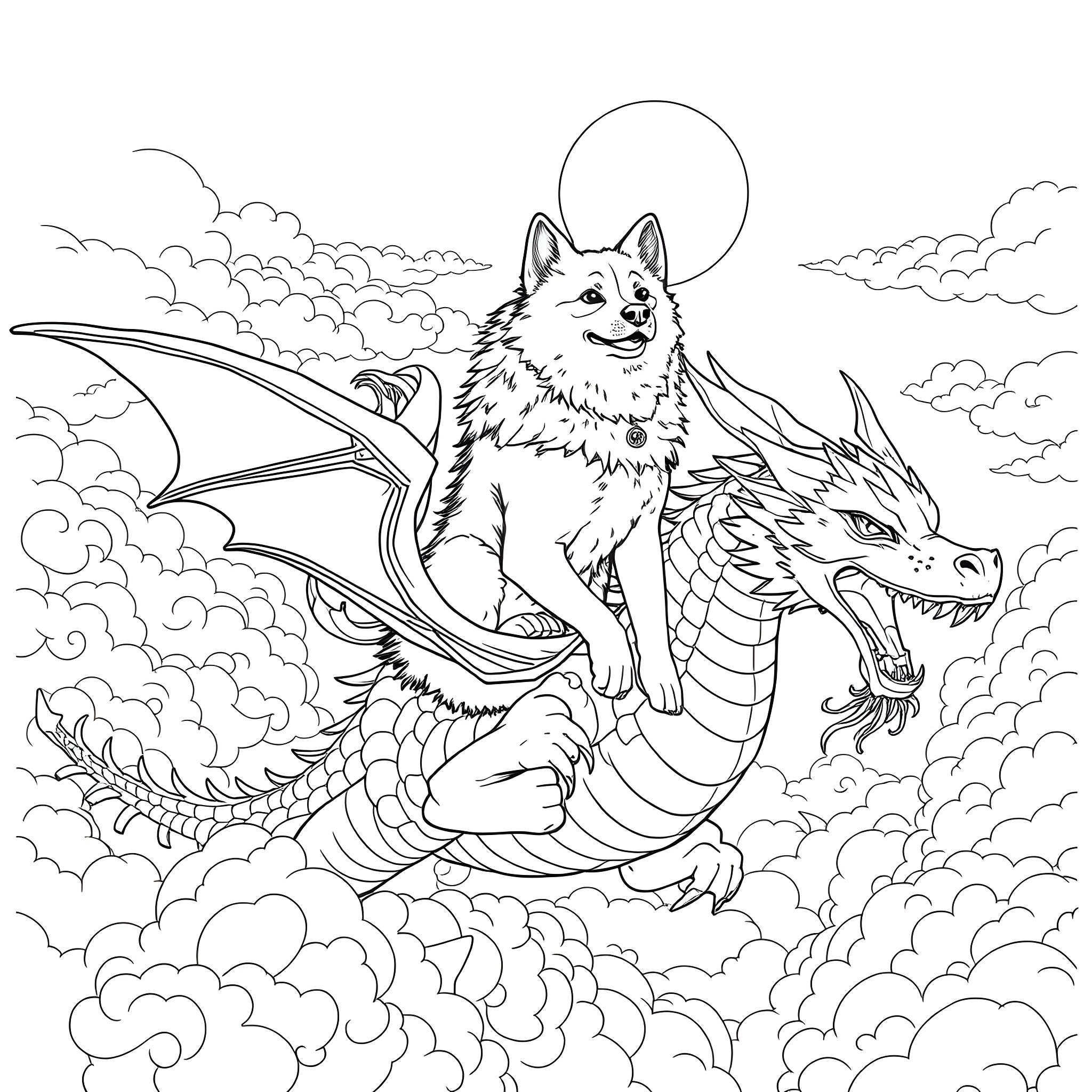 Akita riding a dragon in the cloudy sky Coloring Page (free black-and-white line drawing printable PDF for all, from beginners to advanced learners, including children, teens, adults, and seniors)