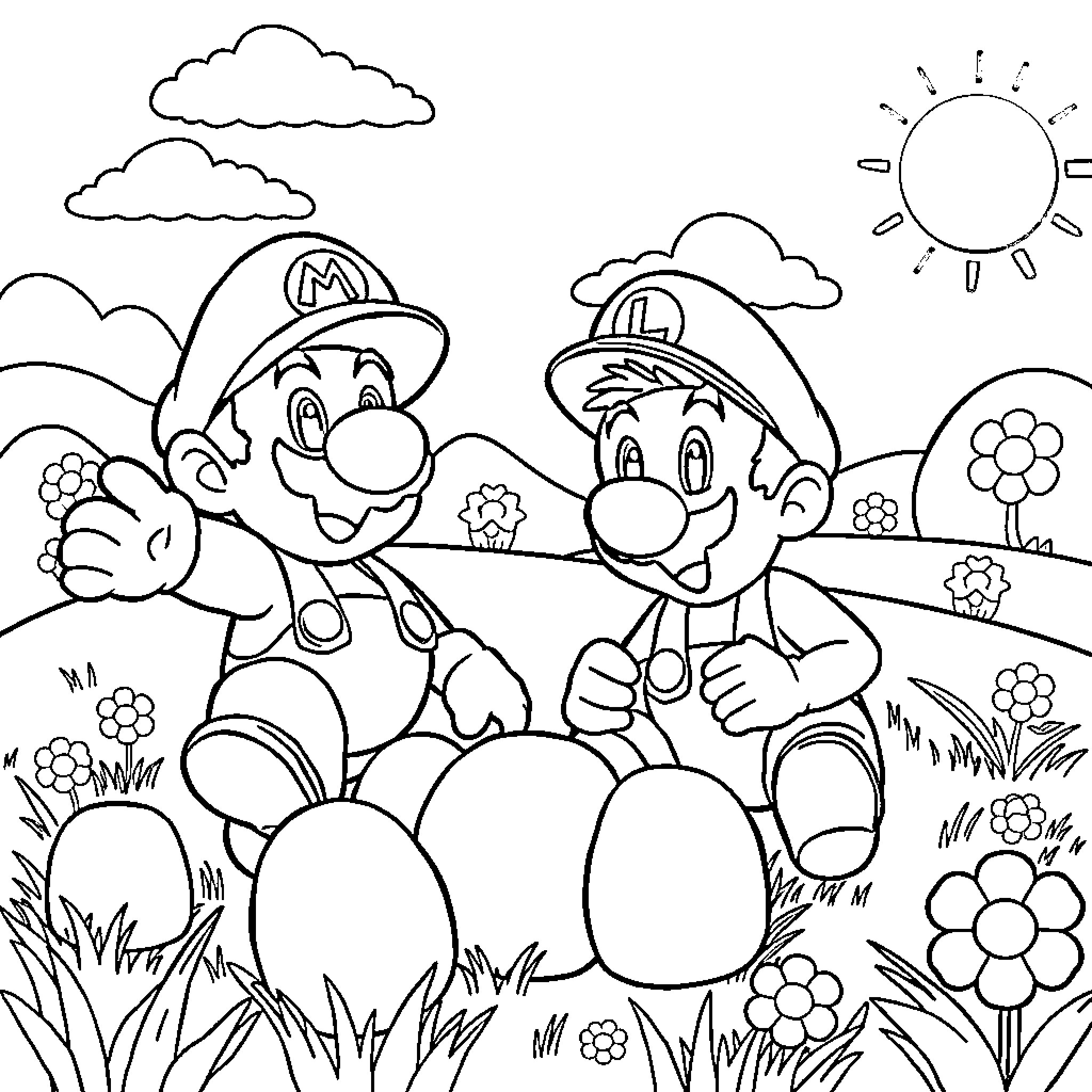 Mario and Luigi enjoying a sunny day outdoors Coloring Page (free black-and-white line drawing printable PDF for all, from beginners to advanced learners, including children, teens, adults, and seniors)