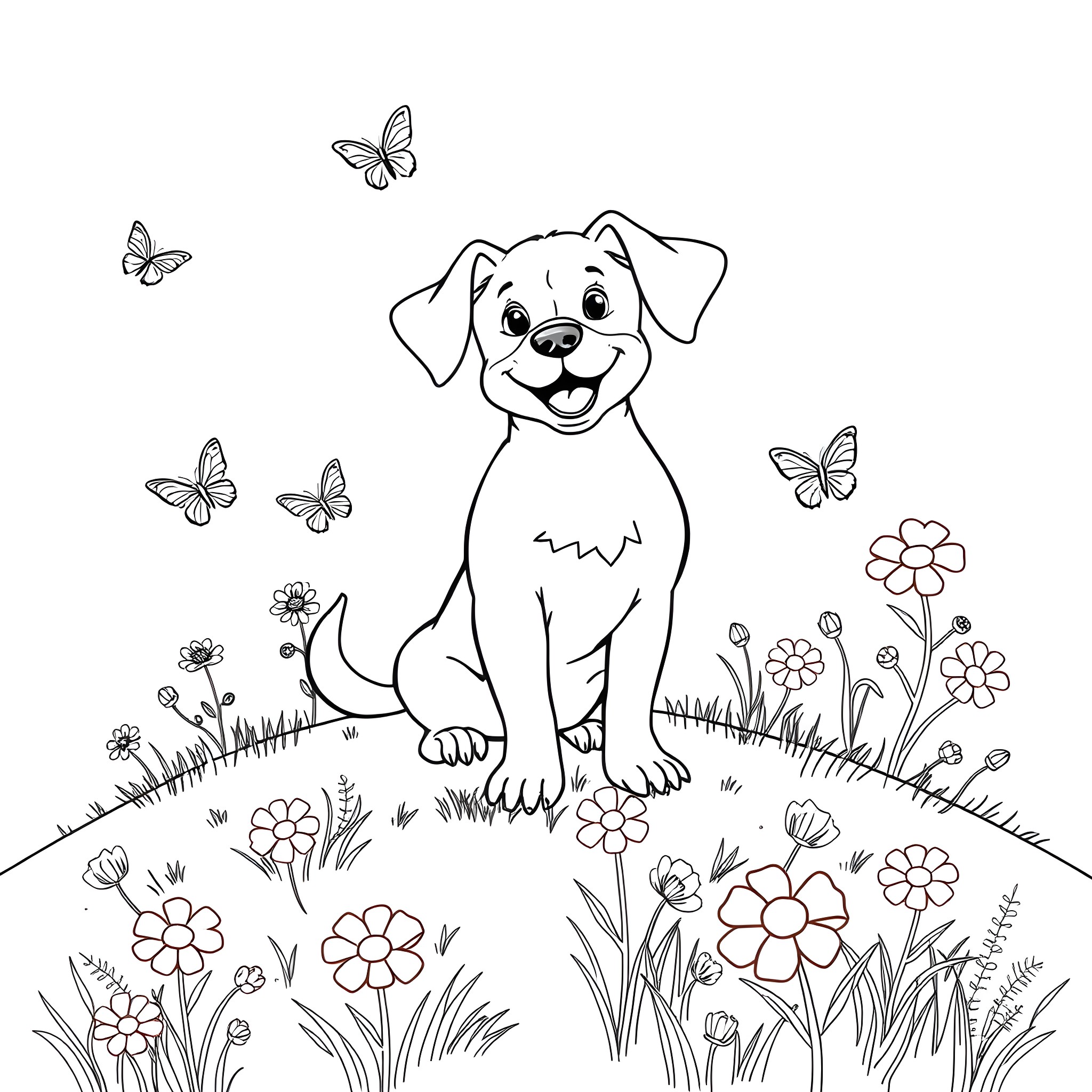 Dog playing in a field of flowers Coloring Page (free black-and-white line drawing printable PDF for all, from beginners to advanced learners, including children, teens, adults, and seniors)