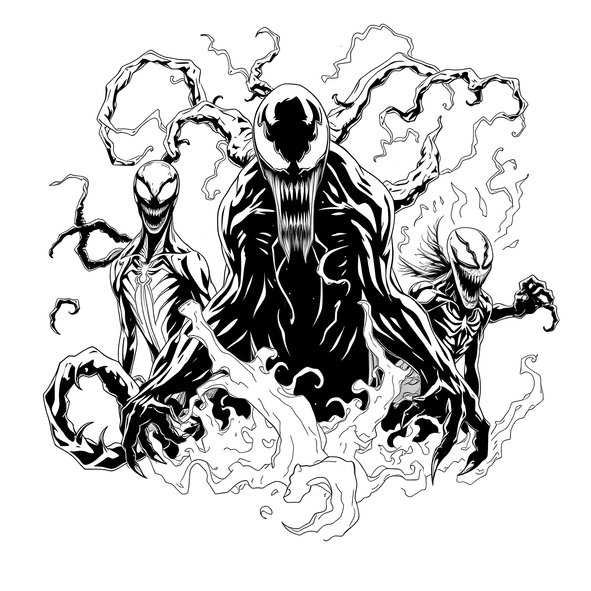 Carnage of the Symbiote Horde Coloring Page (free black-and-white line drawing printable PDF for all, from beginners to advanced learners, including children, teens, adults, and seniors)