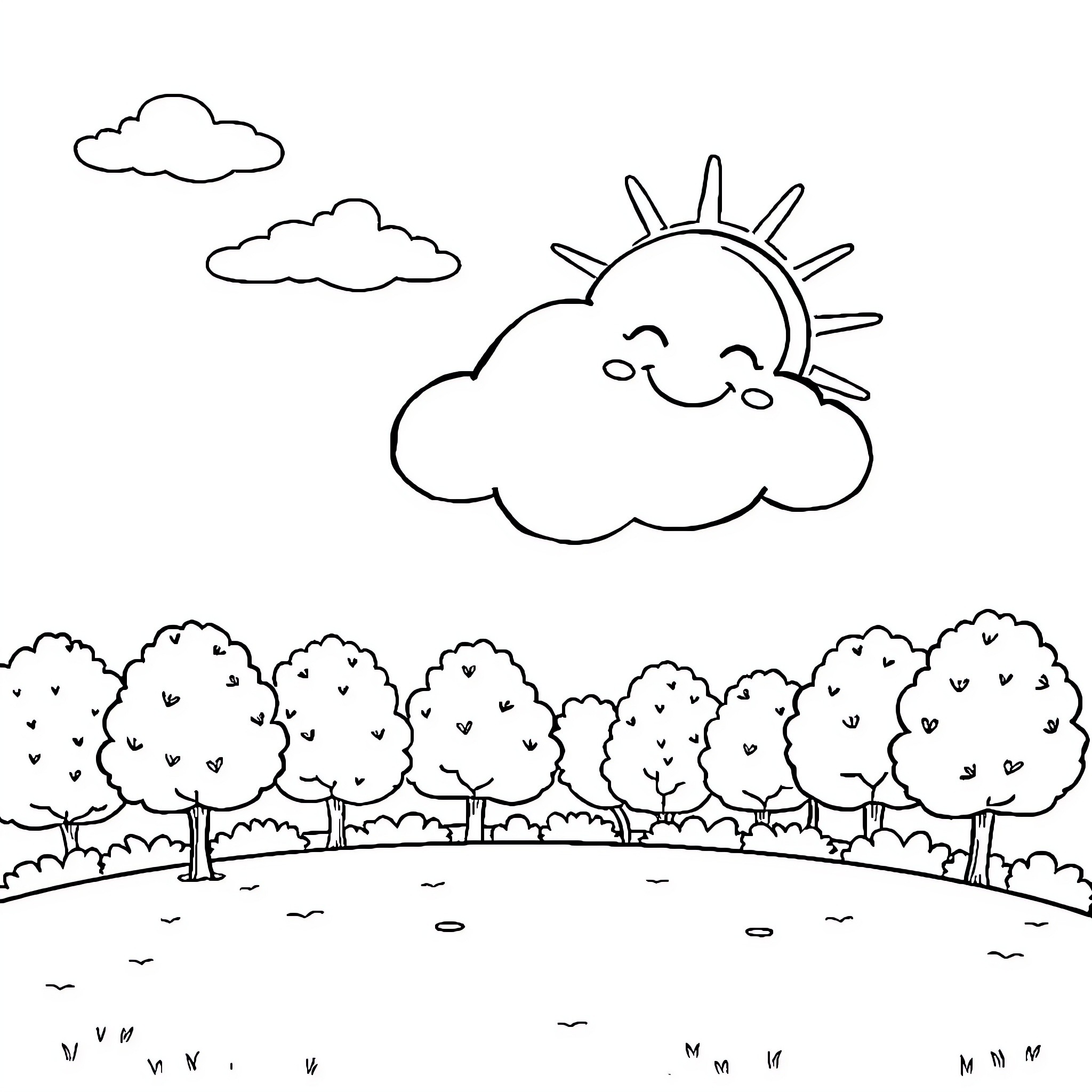 Cloud-filled skies and happy sun over forest landscape Coloring Page (free black-and-white line drawing printable PDF for all, from beginners to advanced learners, including children, teens, adults, and seniors)