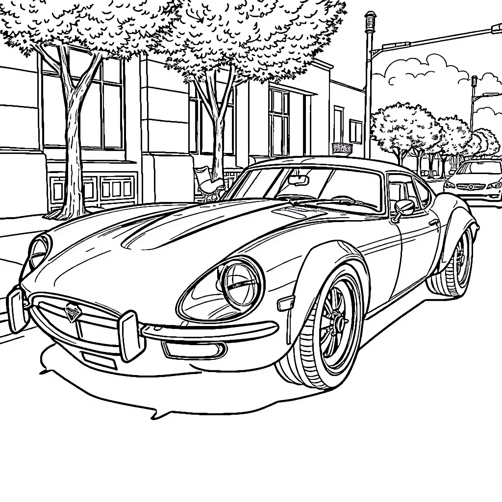 66G Classic Sports Car on Street Coloring Page (free black-and-white line drawing printable PDF for all, from beginners to advanced learners, including children, teens, adults, and seniors)