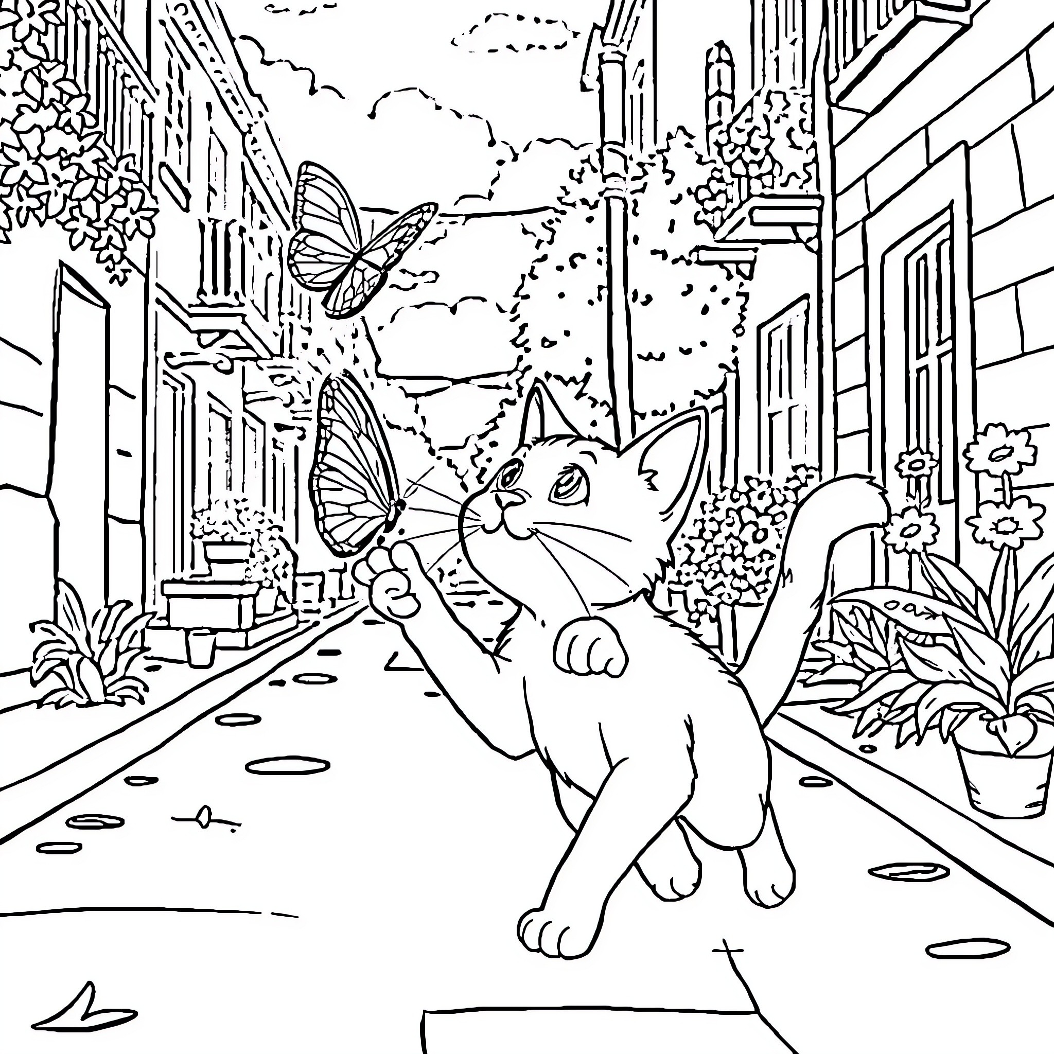 Cat exploring a colorful city street Coloring Page (free black-and-white line drawing printable PDF for all, from beginners to advanced learners, including children, teens, adults, and seniors)