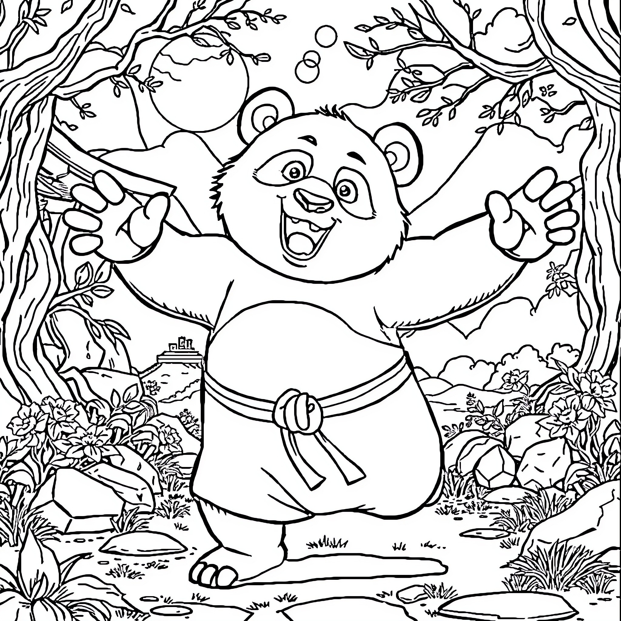 Playful Panda in Lush Forest Coloring Page (free black-and-white line drawing printable PDF for all, from beginners to advanced learners, including children, teens, adults, and seniors)