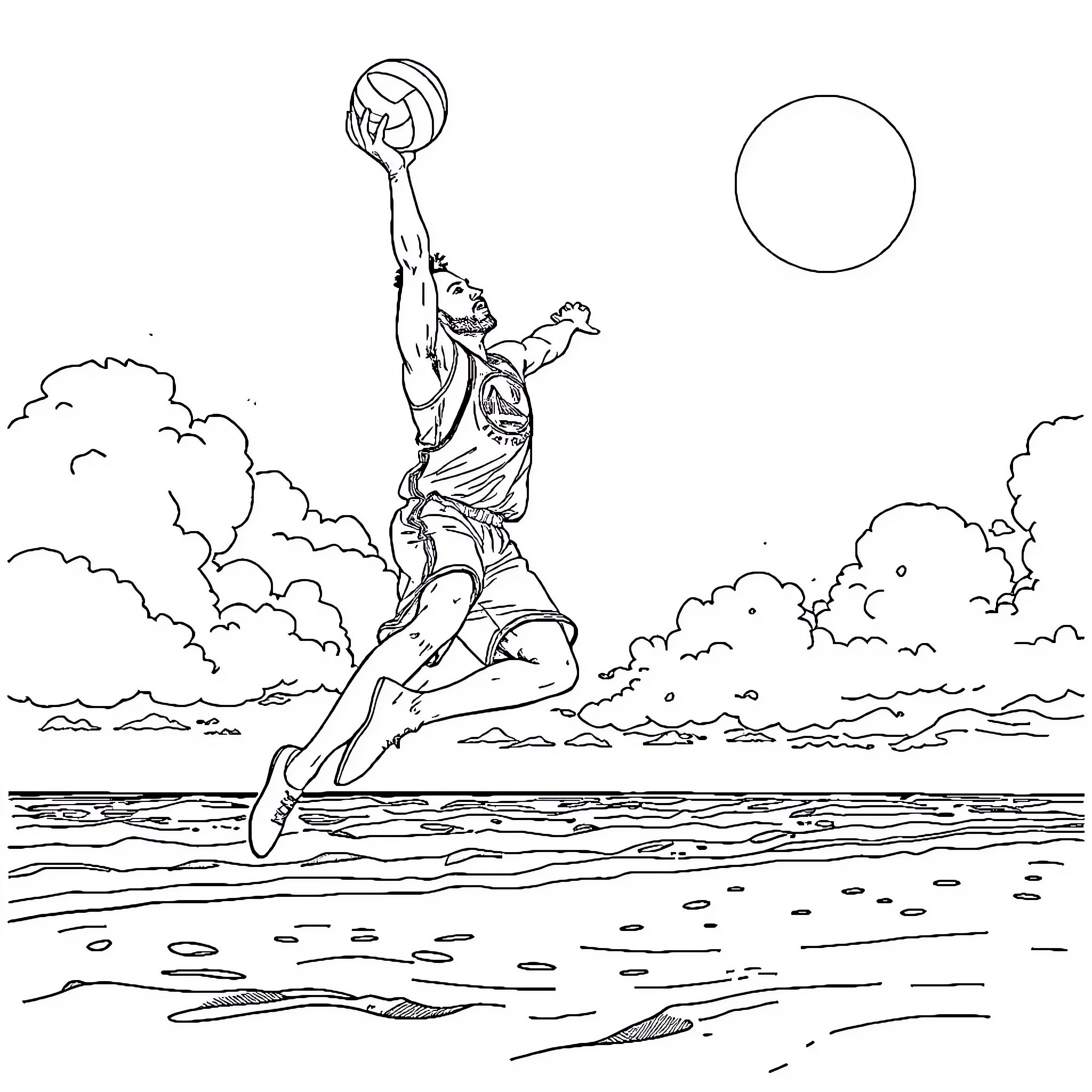 Stephane Curry jumping and dunking a basketball Coloring Page (free black-and-white line drawing printable PDF for all, from beginners to advanced learners, including children, teens, adults, and seniors)