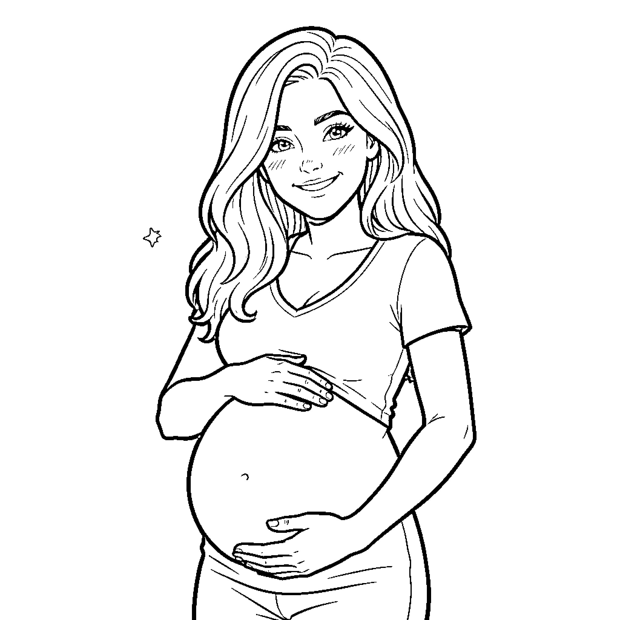Sabrina Carpenter's Joyous Maternity Moment Coloring Page (free black-and-white line drawing printable PDF for all, from beginners to advanced learners, including children, teens, adults, and seniors)