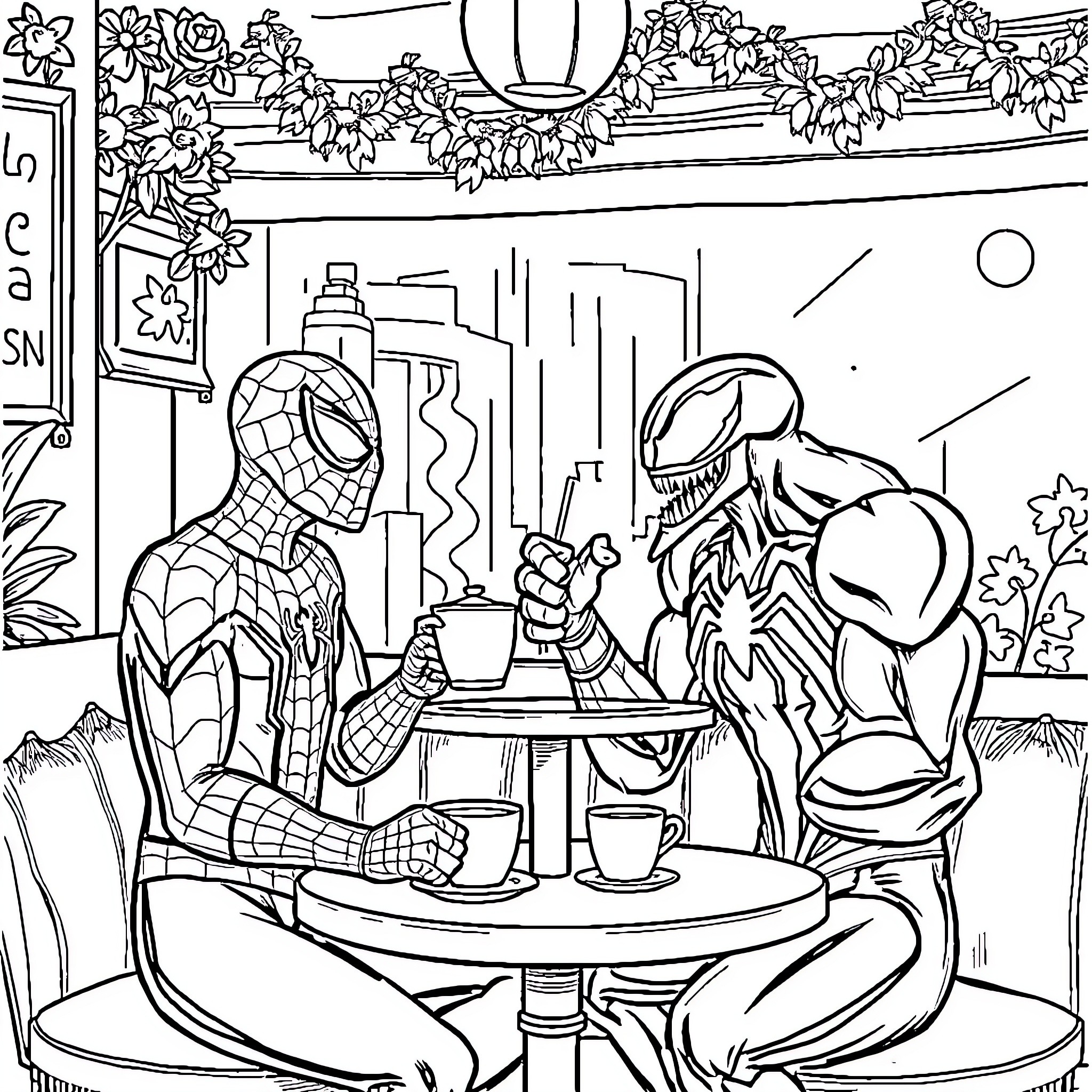 Spiderman having a friendly chat with Venom Coloring Page (free black-and-white line drawing printable PDF for all, from beginners to advanced learners, including children, teens, adults, and seniors)