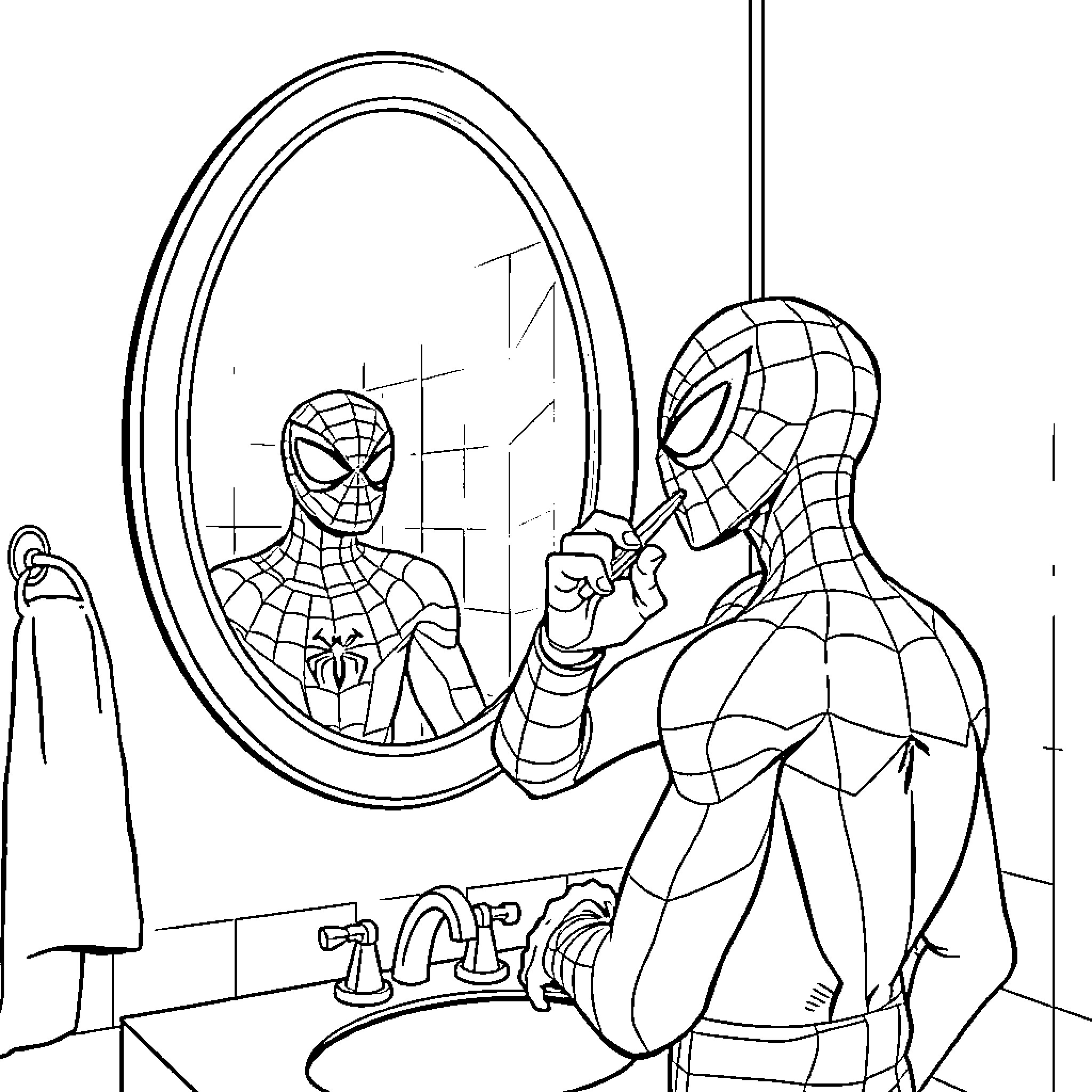 Spiderman admiring himself in the mirror Coloring Page (free black-and-white line drawing printable PDF for all, from beginners to advanced learners, including children, teens, adults, and seniors)