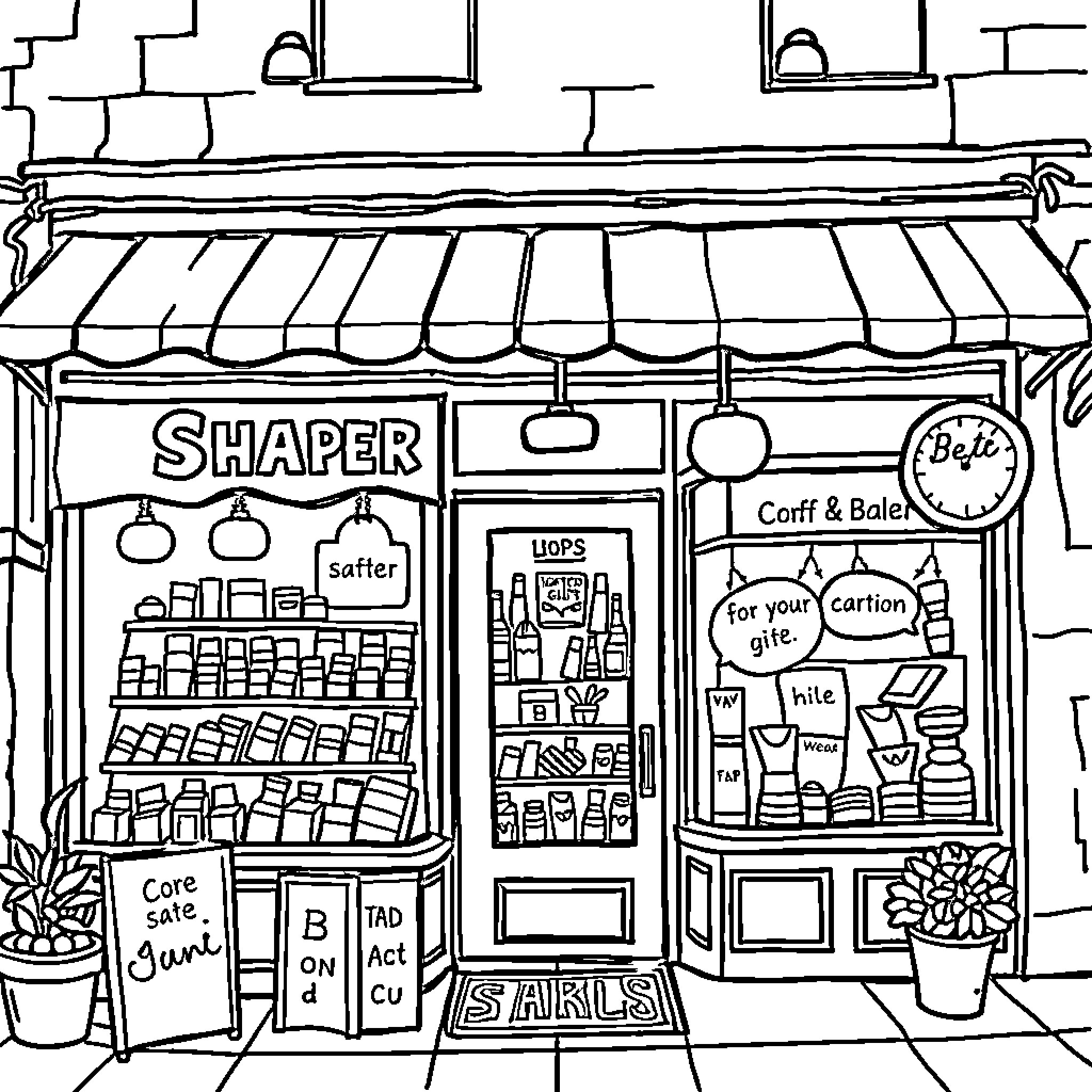 Shop front with various products and services displayed Coloring Page (free black-and-white line drawing printable PDF for all, from beginners to advanced learners, including children, teens, adults, and seniors)