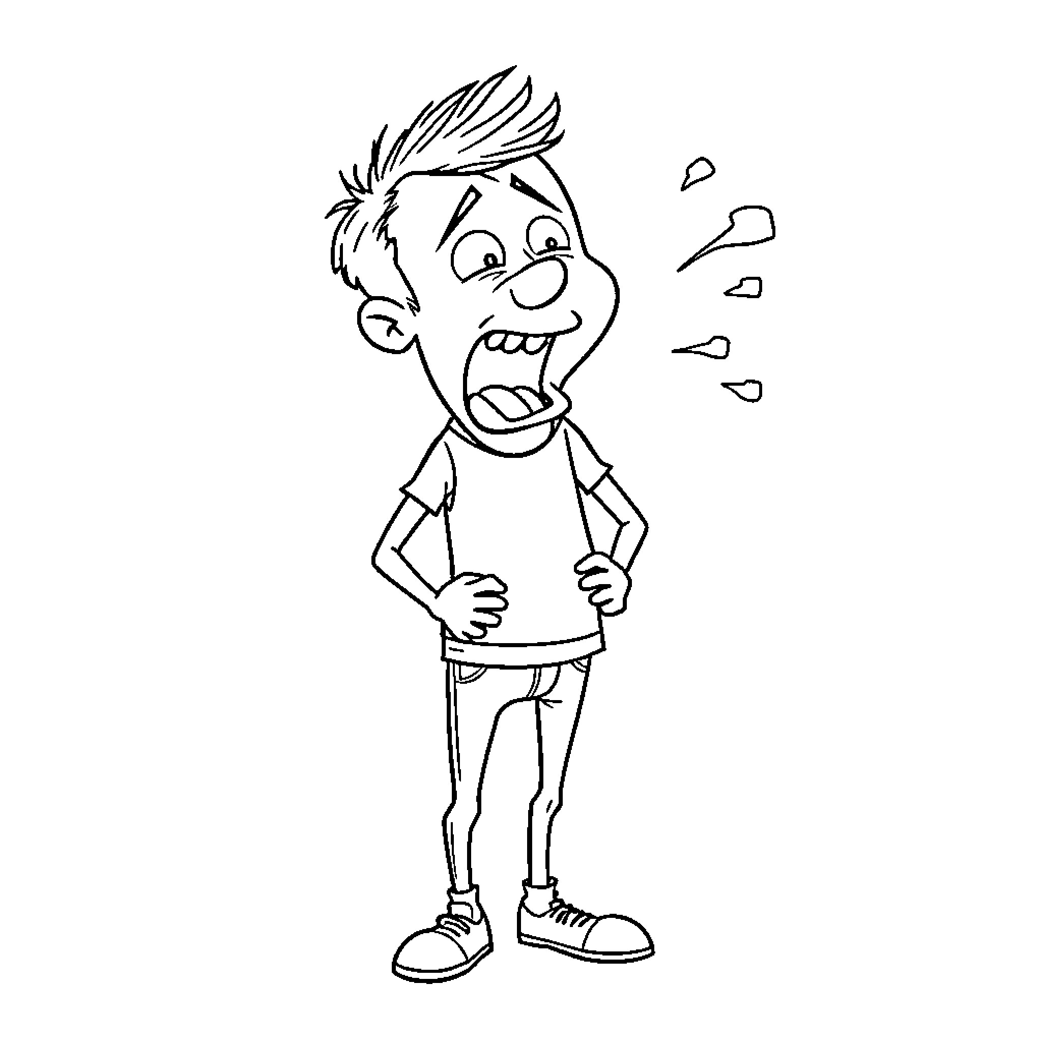Fart Expressive Boy With Funny Pose Coloring Page (free black-and-white line drawing printable PDF for all, from beginners to advanced learners, including children, teens, adults, and seniors)