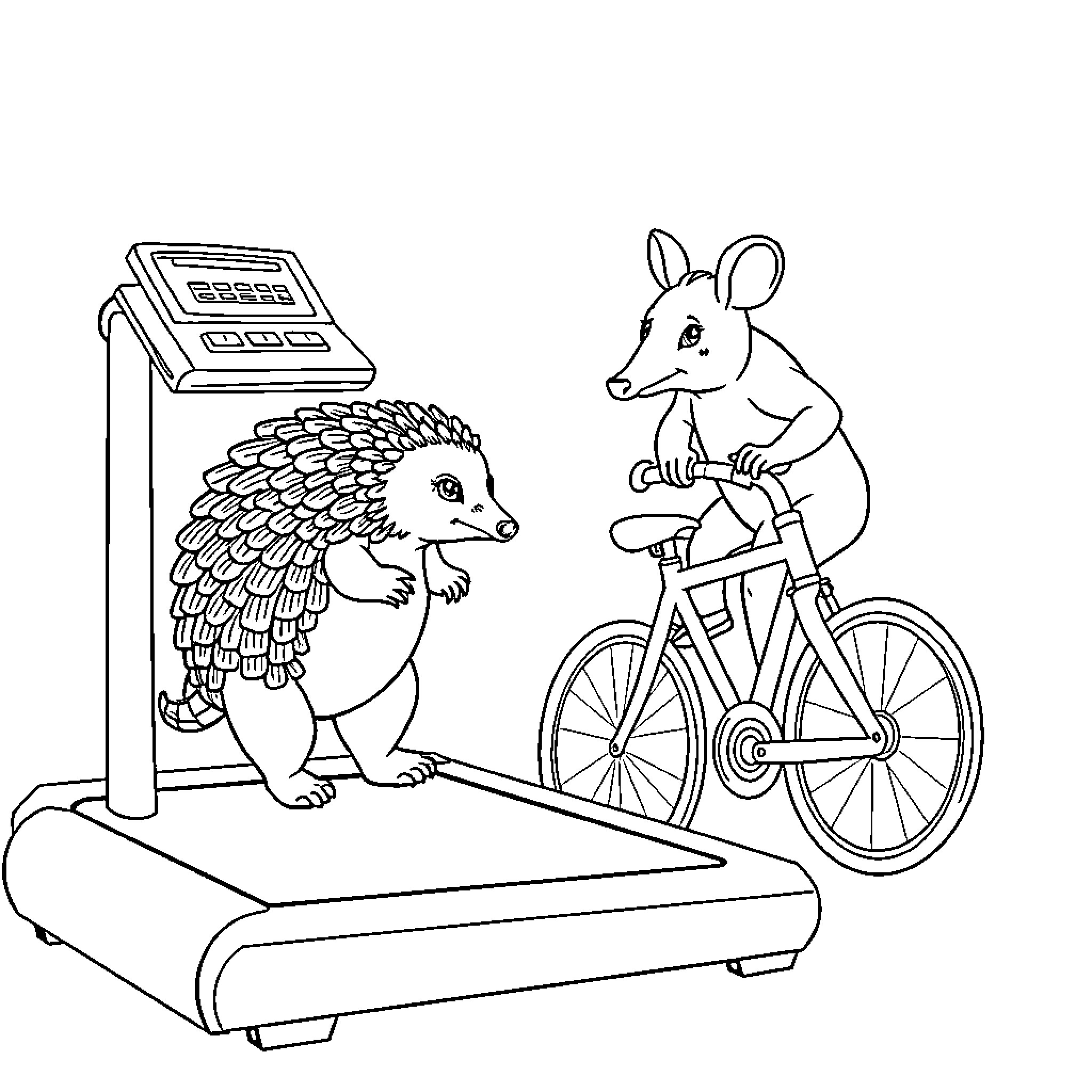 Pangolin exercising on a bicycle at the gym Coloring Page (free black-and-white line drawing printable PDF for all, from beginners to advanced learners, including children, teens, adults, and seniors)