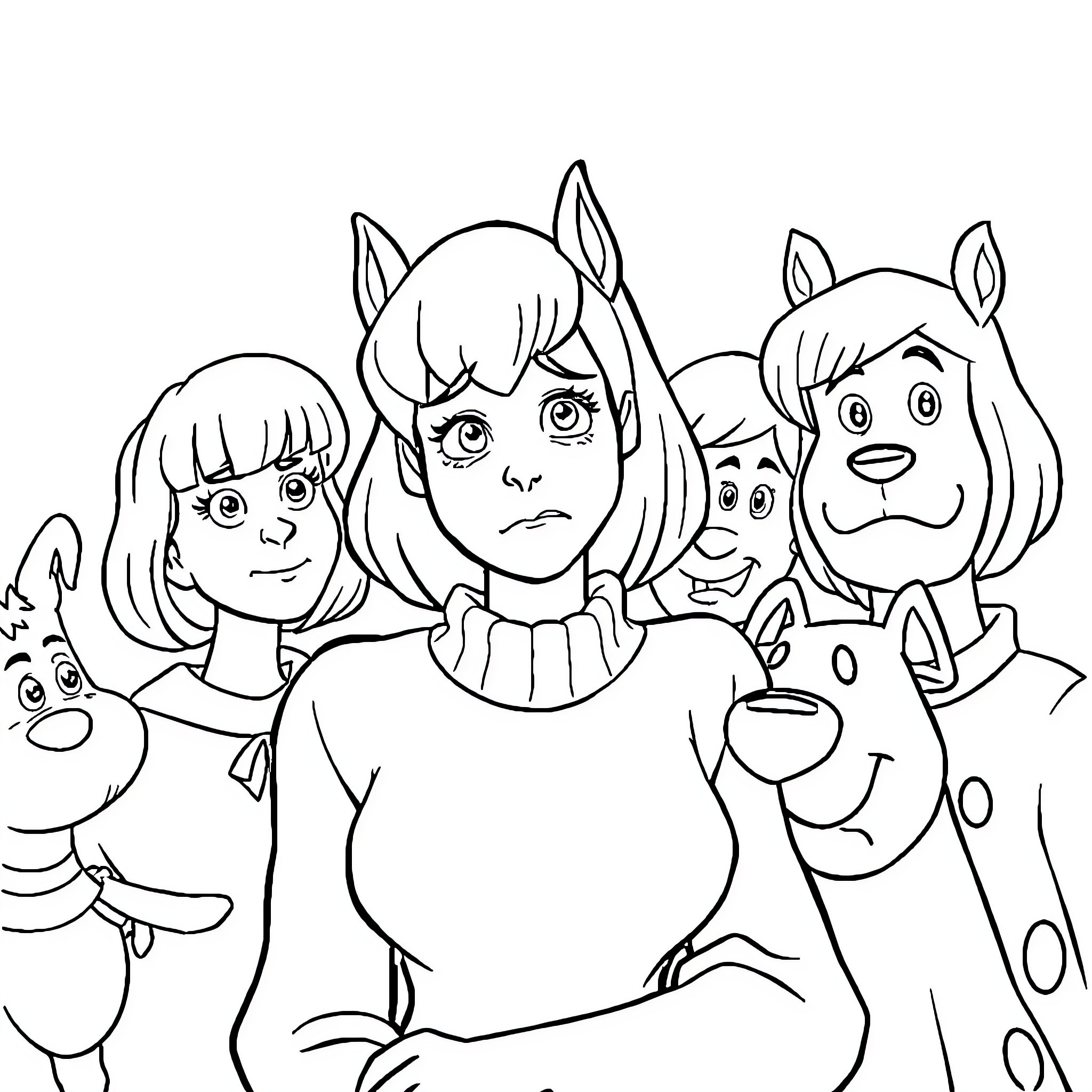 Velma's Concern with Cartoon Animal Friends Coloring Page (free black-and-white line drawing printable PDF for all, from beginners to advanced learners, including children, teens, adults, and seniors)