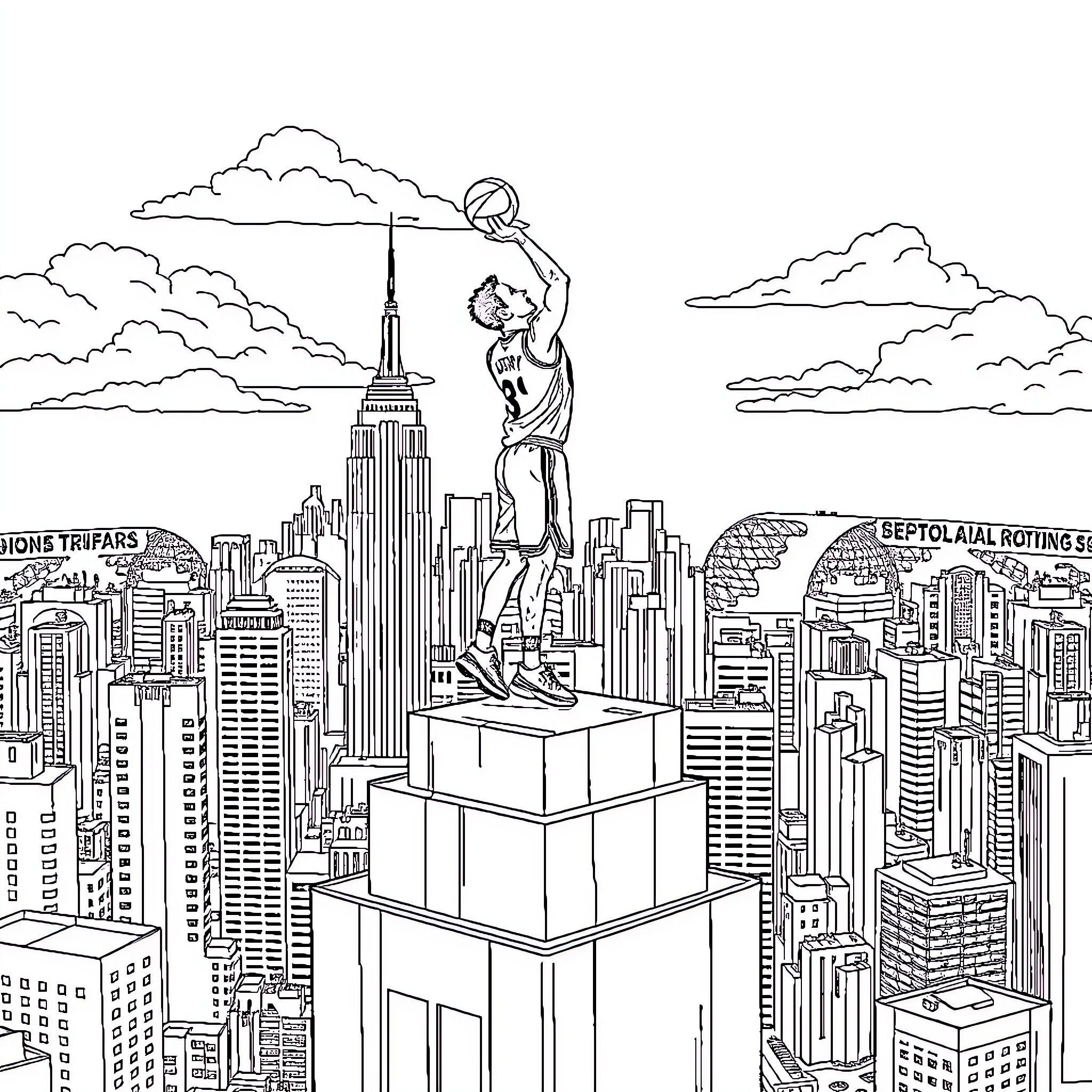 Stephen Curry dunking on the New York City skyline Coloring Page (free black-and-white line drawing printable PDF for all, from beginners to advanced learners, including children, teens, adults, and seniors)