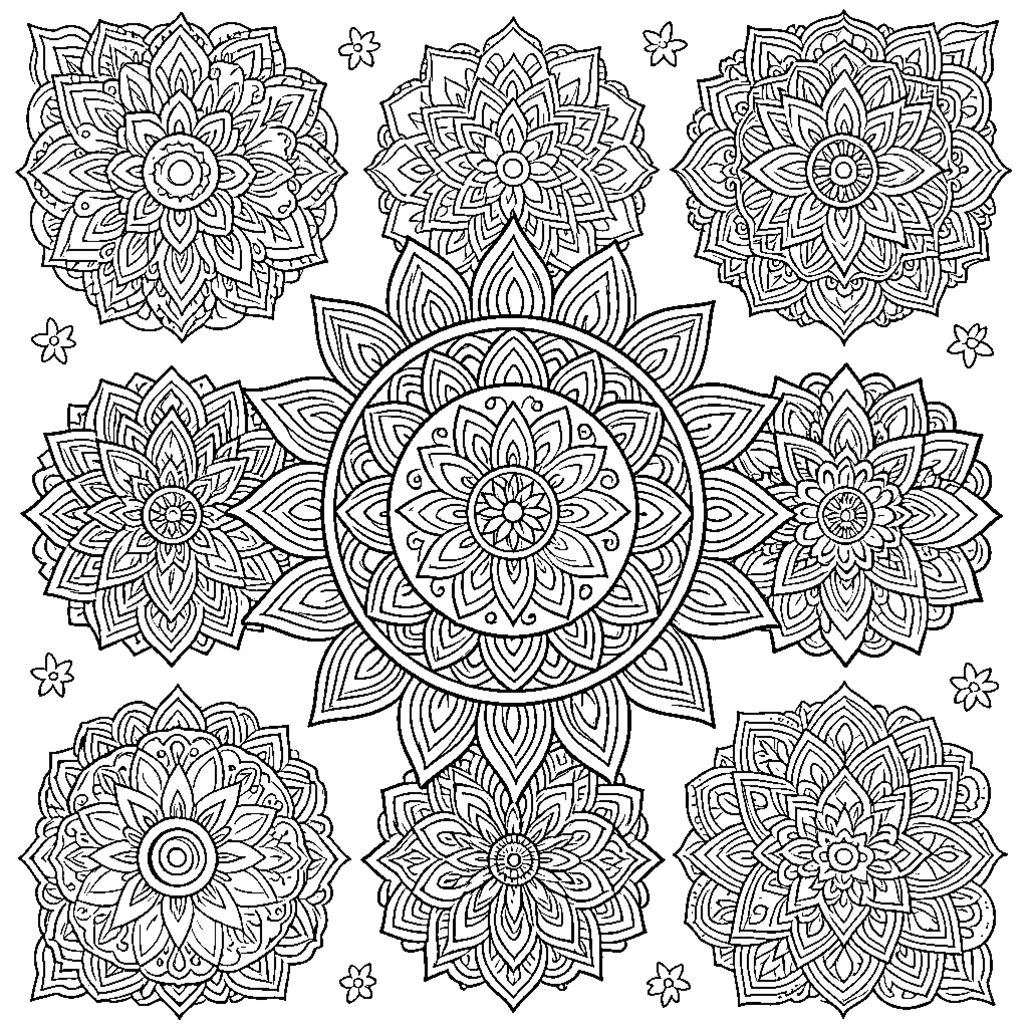 Mandalas of Intricate Floral Designs Coloring Page (free black-and-white line drawing printable PDF for all, from beginners to advanced learners, including children, teens, adults, and seniors)