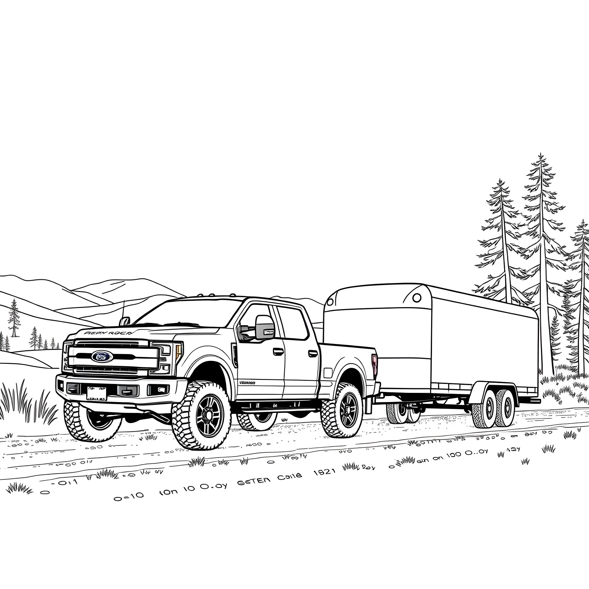 Pickup truck towing trailer in scenic outdoor setting Coloring Page (free black-and-white line drawing printable PDF for all, from beginners to advanced learners, including children, teens, adults, and seniors)