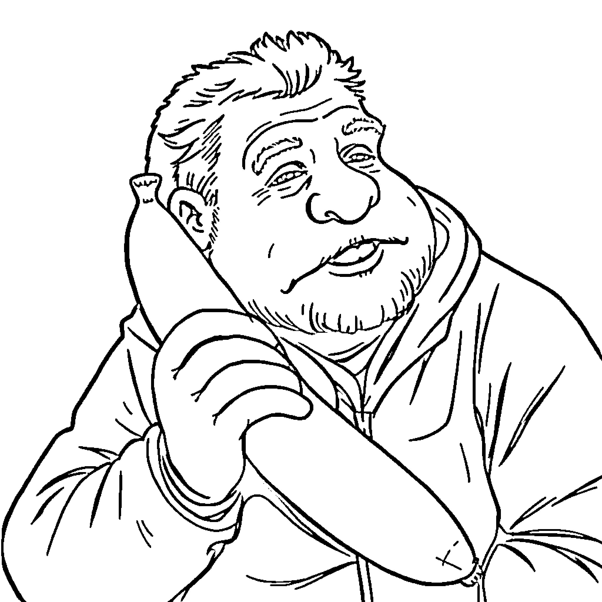 Stick figure with mustache and beard in thoughtful pose Coloring Page (free black-and-white line drawing printable PDF for all, from beginners to advanced learners, including children, teens, adults, and seniors)