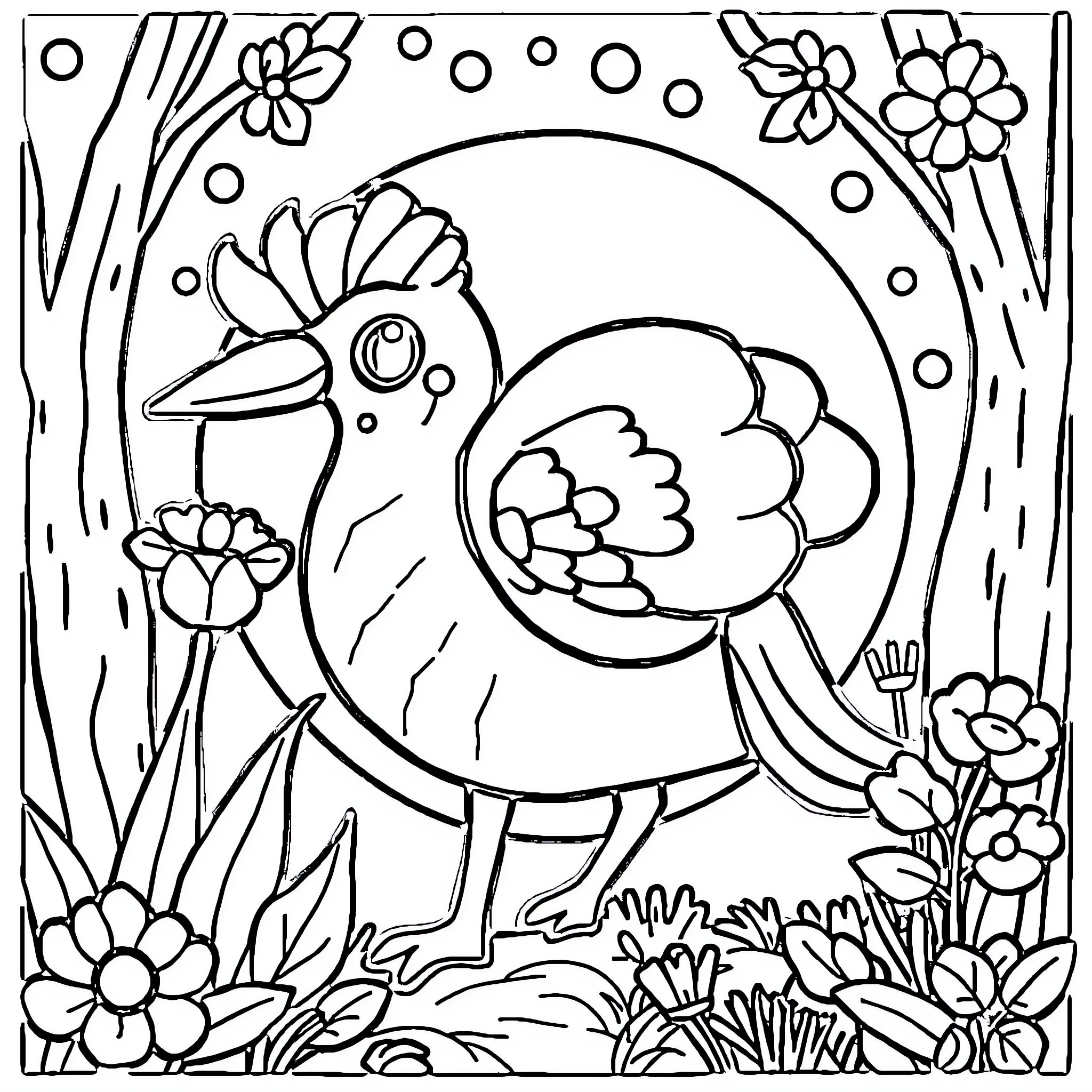 Kids Exploring a Whimsical Garden with Flowers and a Bird Coloring Page (free black-and-white line drawing printable PDF for all, from beginners to advanced learners, including children, teens, adults, and seniors)