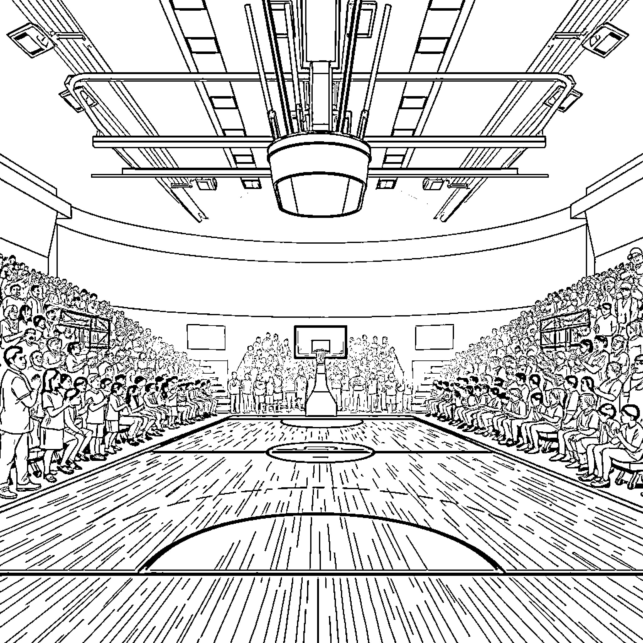 Basketball Court in Packed Gymnasium Coloring Page (free black-and-white line drawing printable PDF for all, from beginners to advanced learners, including children, teens, adults, and seniors)
