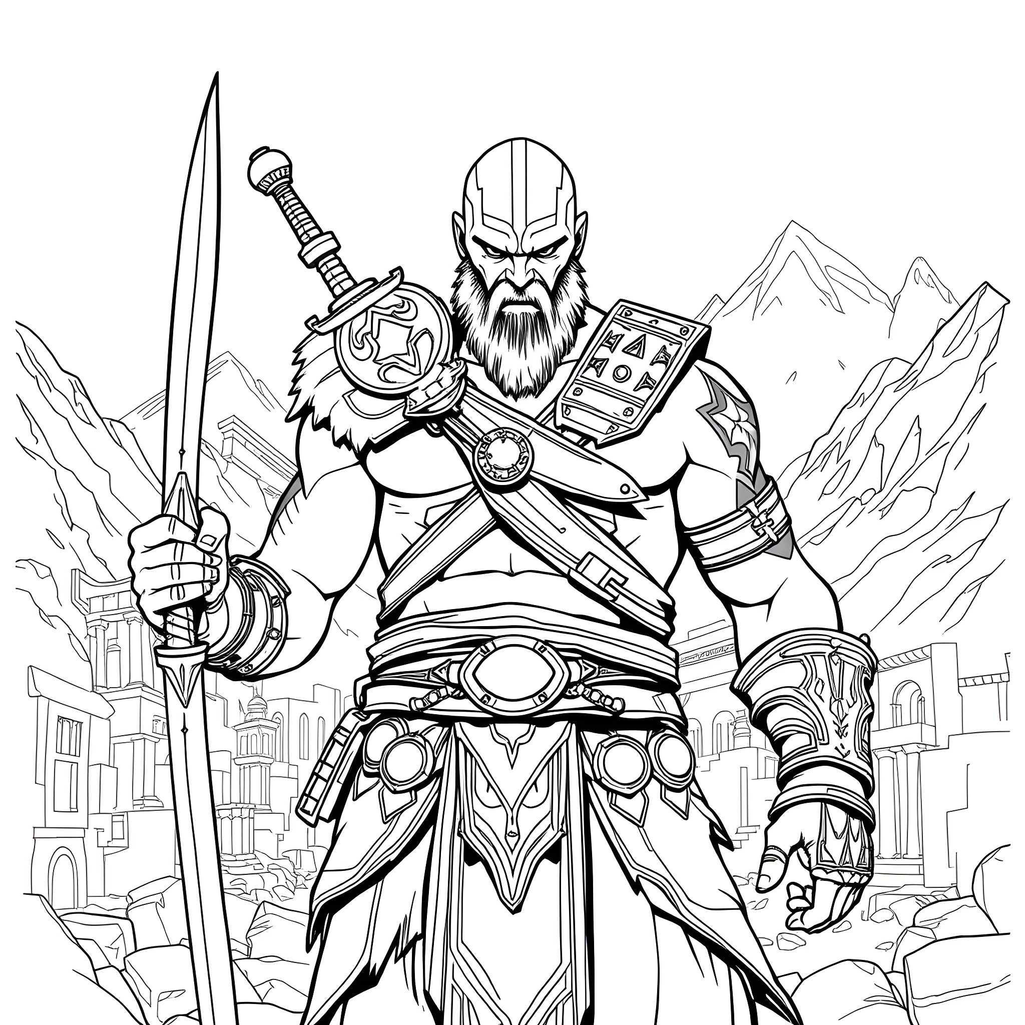 Kratos, the Mighty Warrior in Battle Stance Coloring Page (free black-and-white line drawing printable PDF for all, from beginners to advanced learners, including children, teens, adults, and seniors)