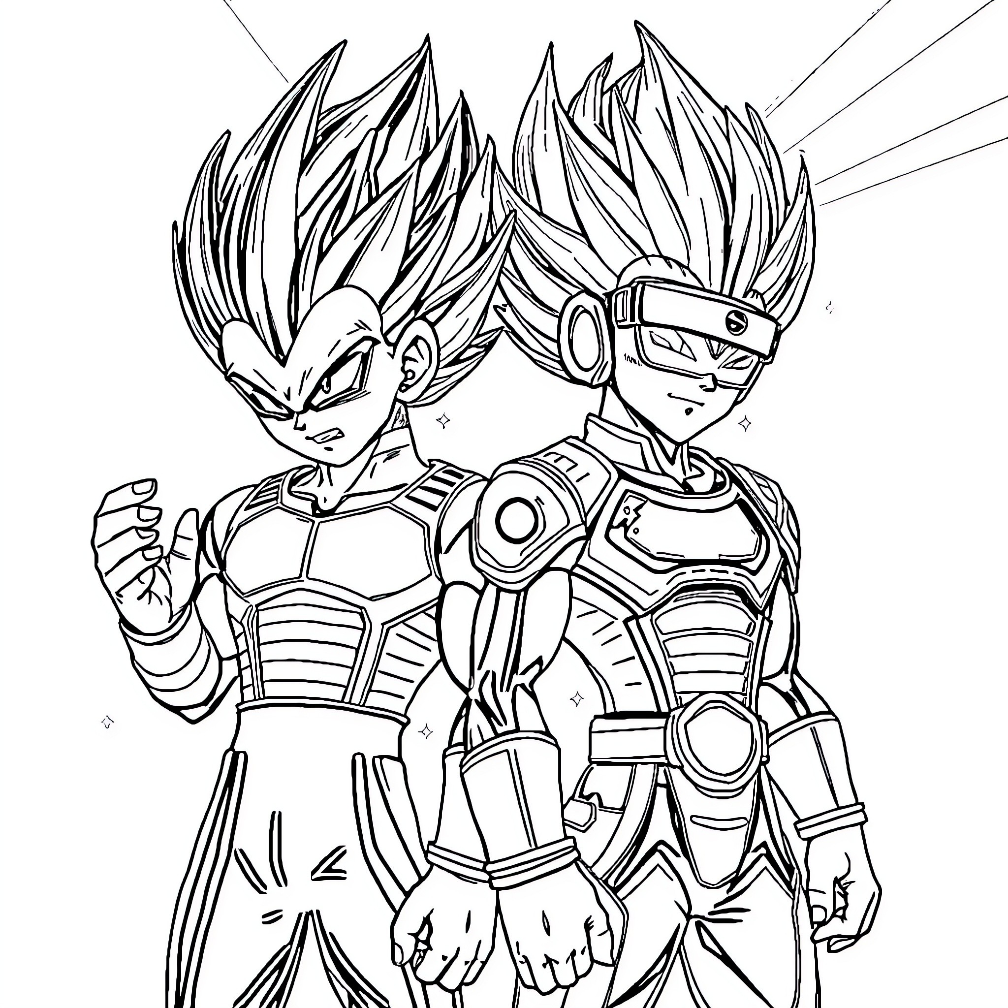 Vegeta and Trunks Striking Heroic Poses Coloring Page (free black-and-white line drawing printable PDF for all, from beginners to advanced learners, including children, teens, adults, and seniors)