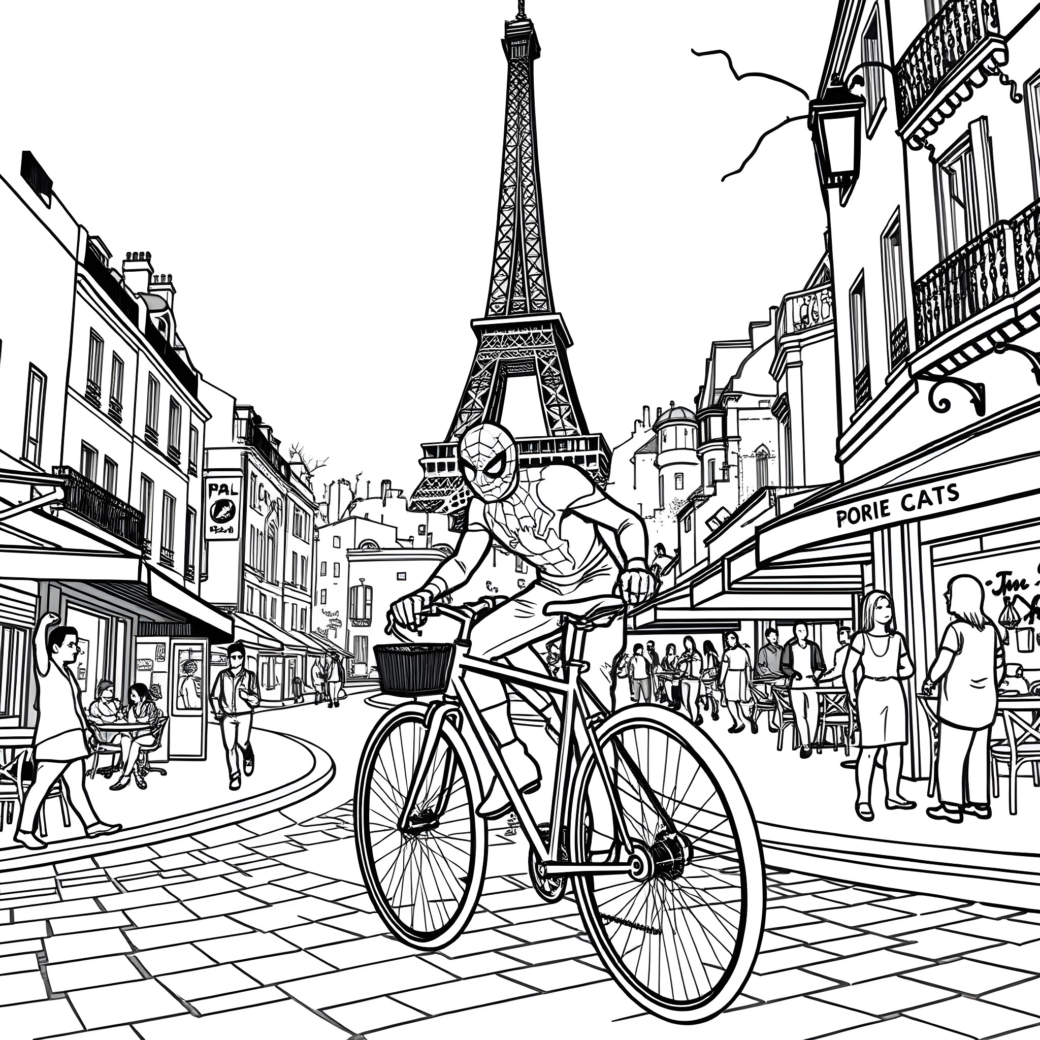 Spiderman biking through the streets of Paris Coloring Page (free black-and-white line drawing printable PDF for all, from beginners to advanced learners, including children, teens, adults, and seniors)