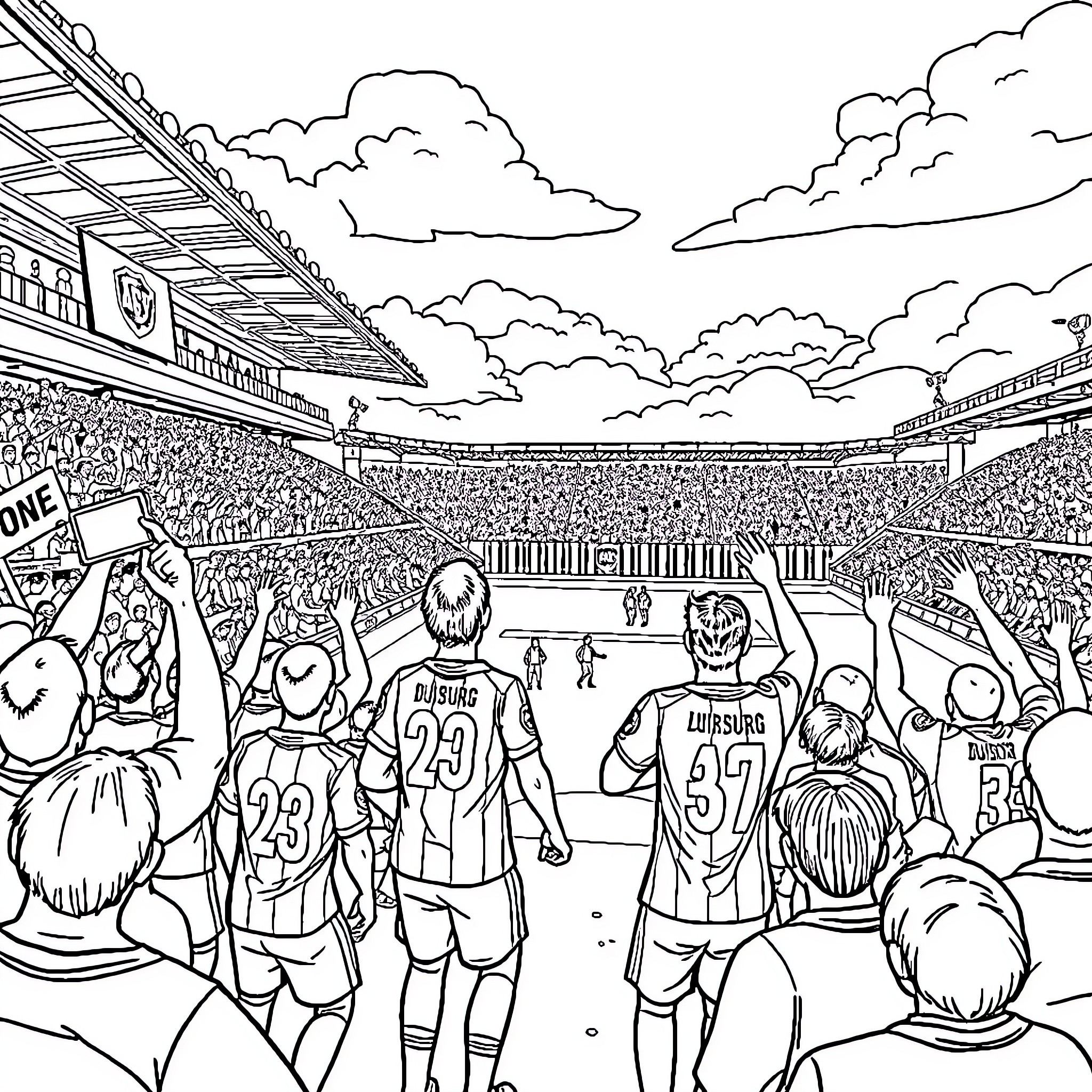 MSV Duisburg players on the field with enthusiastic fans in the stadium Coloring Page (free black-and-white line drawing printable PDF for all, from beginners to advanced learners, including children, teens, adults, and seniors)
