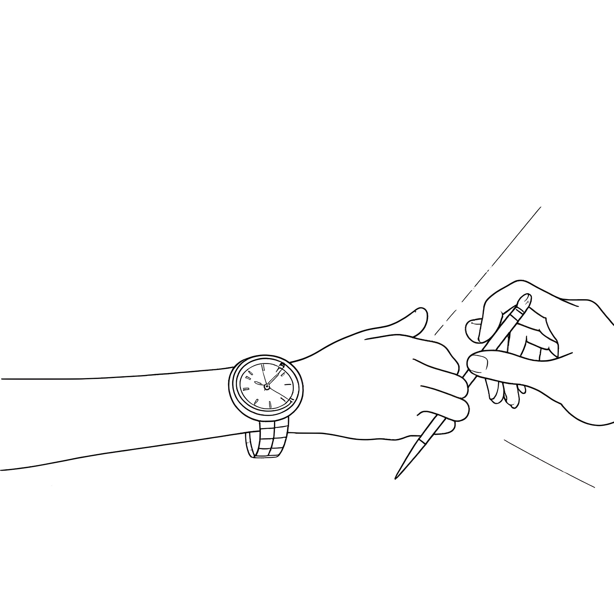Woman checks the time on her wristwatch Coloring Page (free black-and-white line drawing printable PDF for all, from beginners to advanced learners, including children, teens, adults, and seniors)