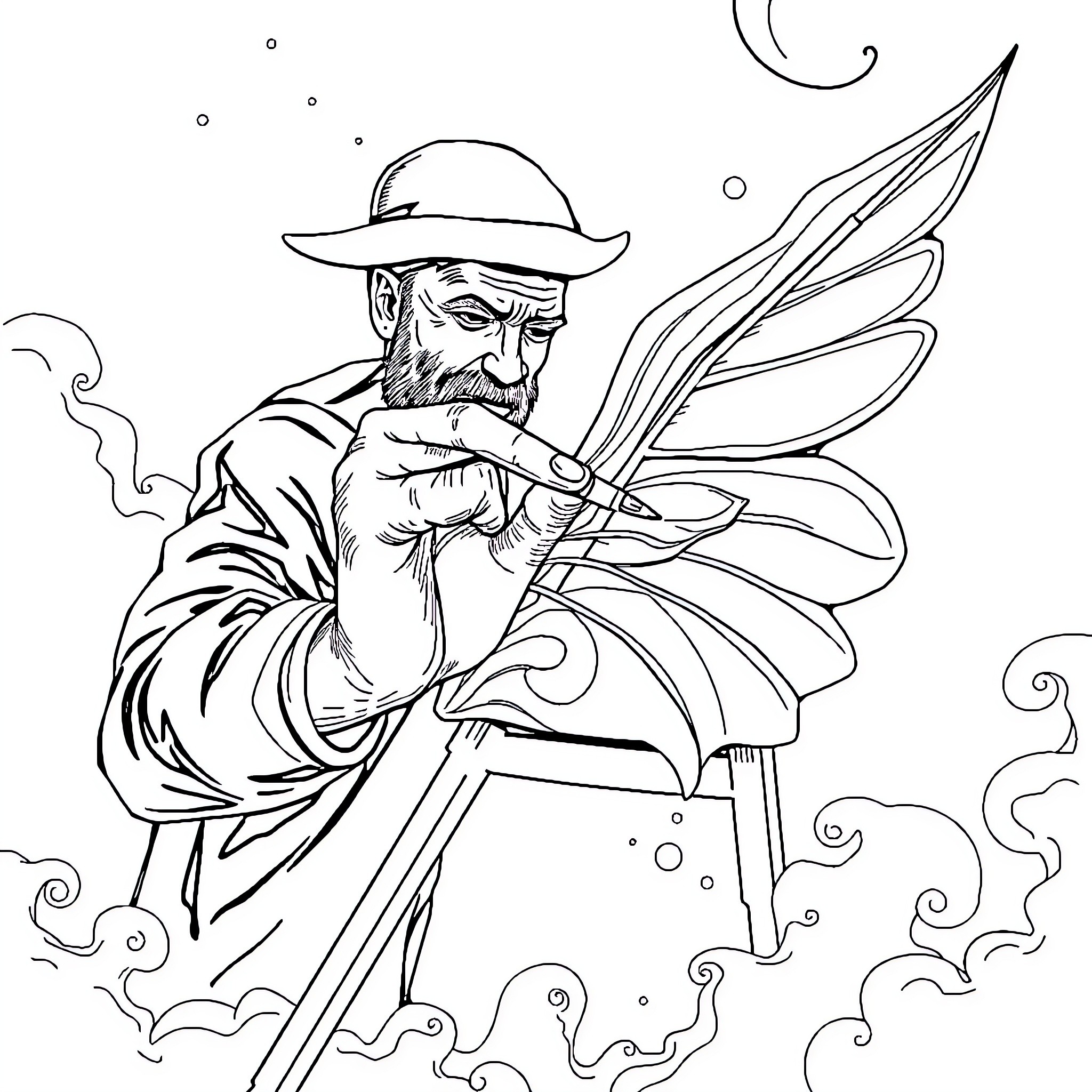 Peintre with magical wings writing Coloring Page (free black-and-white line drawing printable PDF for all, from beginners to advanced learners, including children, teens, adults, and seniors)