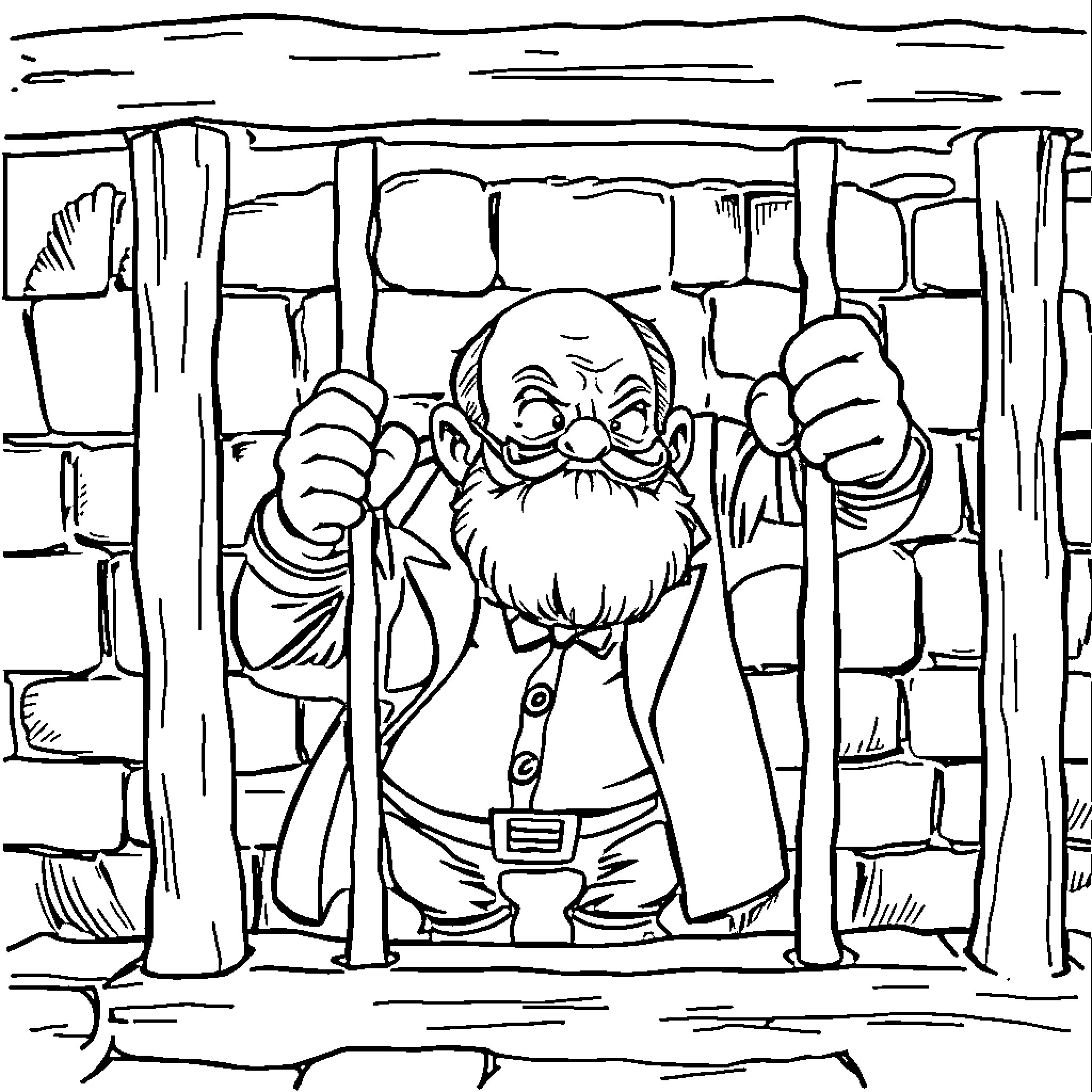 Papa greet from behind jail bars Coloring Page (free black-and-white line drawing printable PDF for all, from beginners to advanced learners, including children, teens, adults, and seniors)