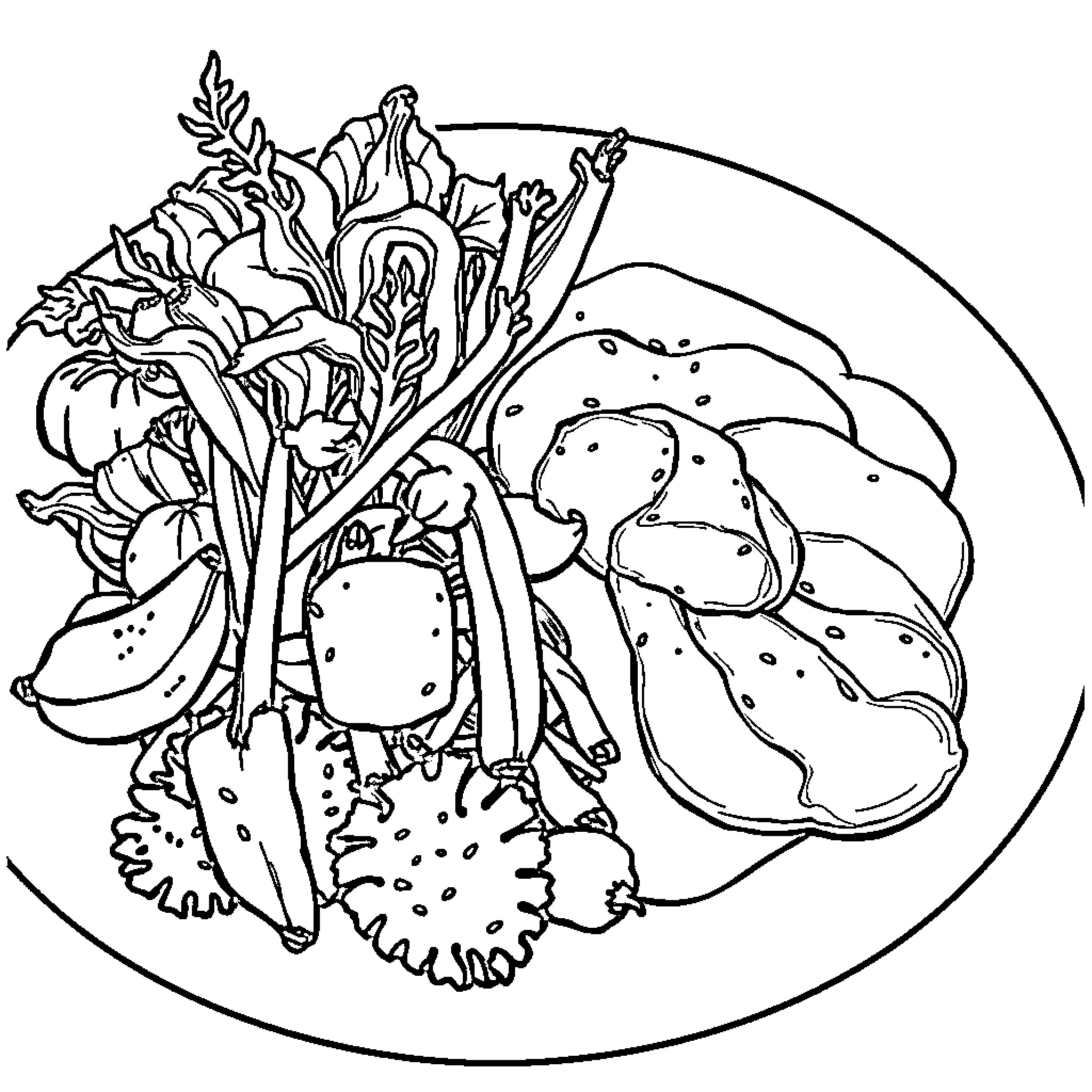 Food ingredients artfully arranged on plate Coloring Page (free black-and-white line drawing printable PDF for all, from beginners to advanced learners, including children, teens, adults, and seniors)