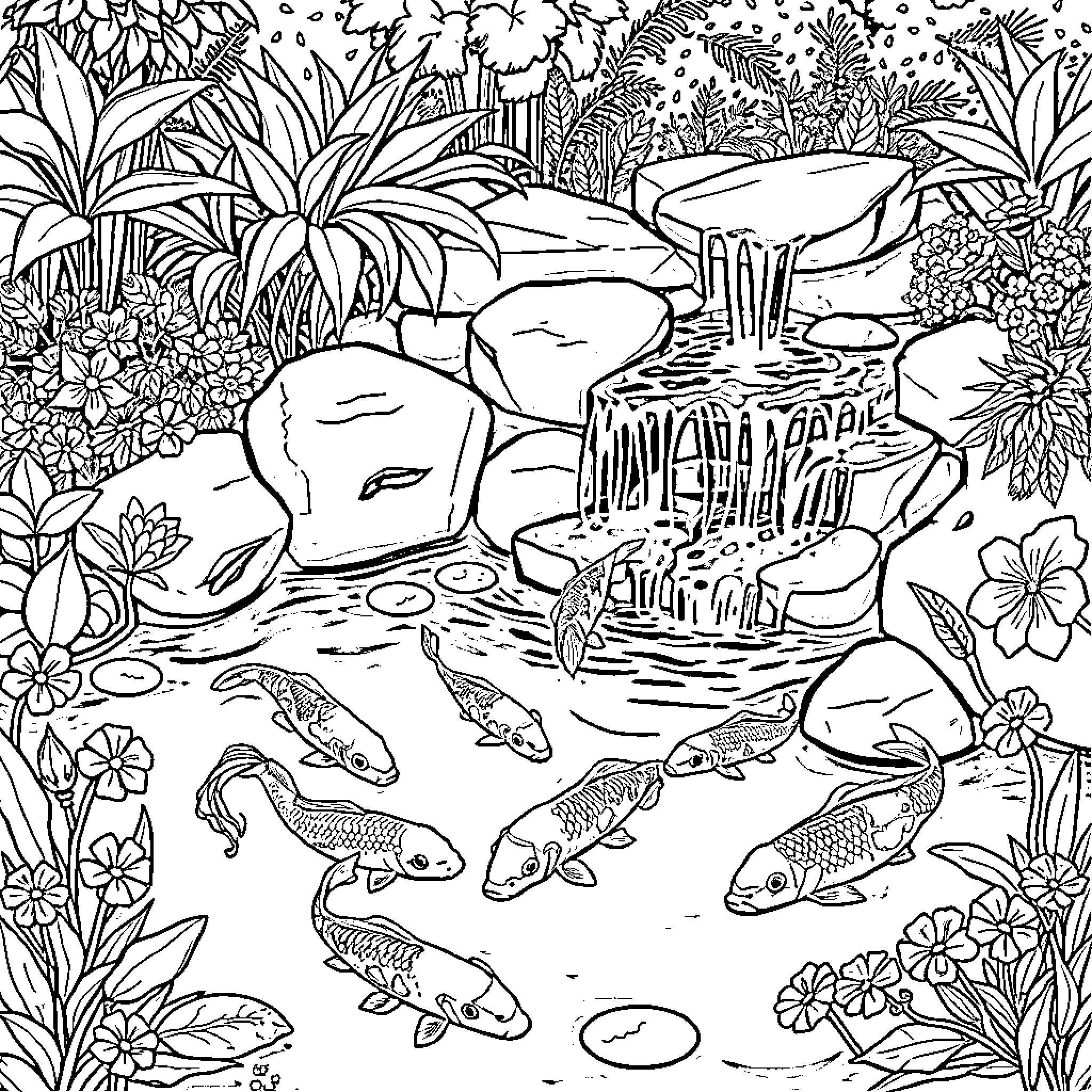 Koi Pond with Vibrant Aquatic Life Coloring Page (free black-and-white line drawing printable PDF for all, from beginners to advanced learners, including children, teens, adults, and seniors)