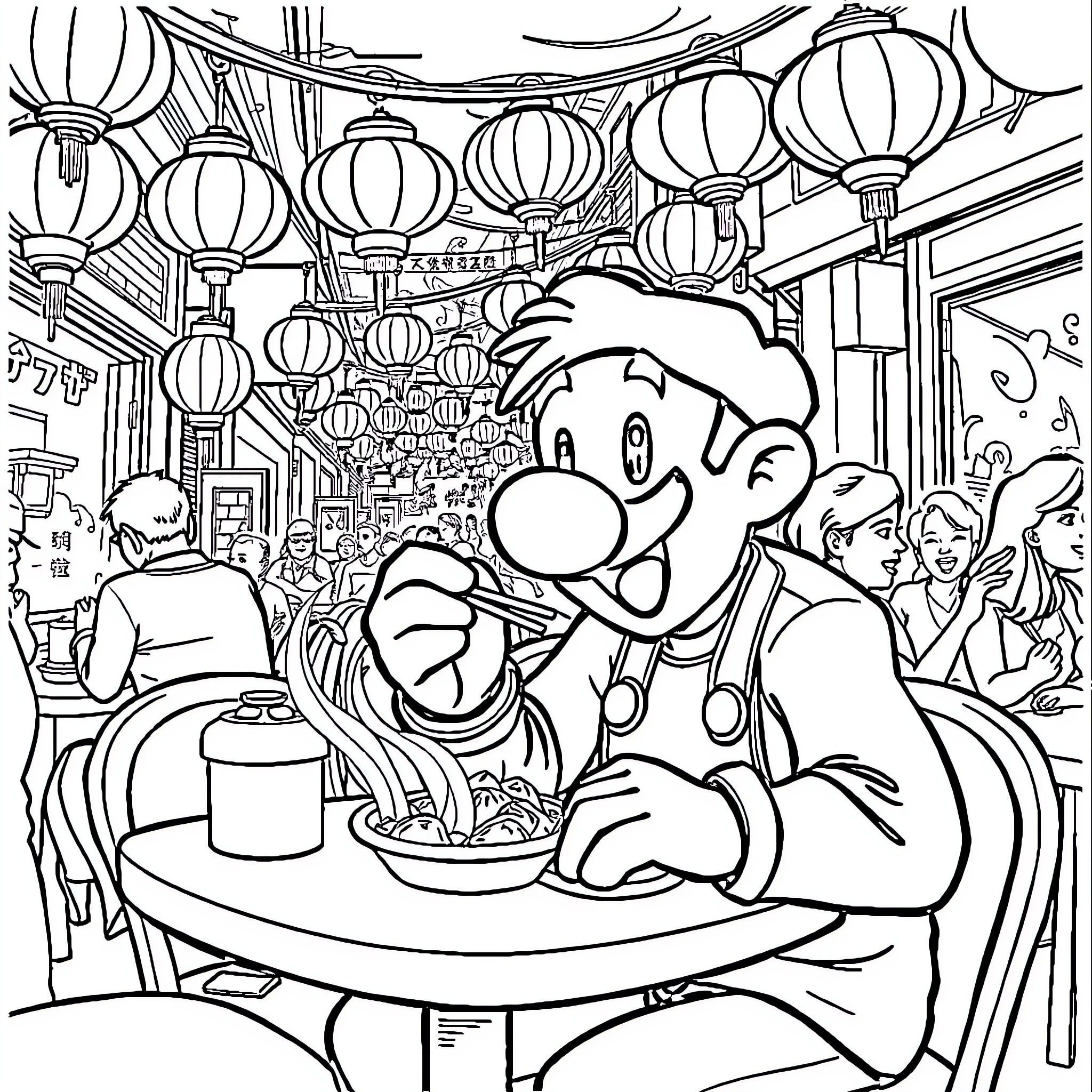 Mario Enjoys a Festive Meal in a Lively Street Scene Coloring Page (free black-and-white line drawing printable PDF for all, from beginners to advanced learners, including children, teens, adults, and seniors)