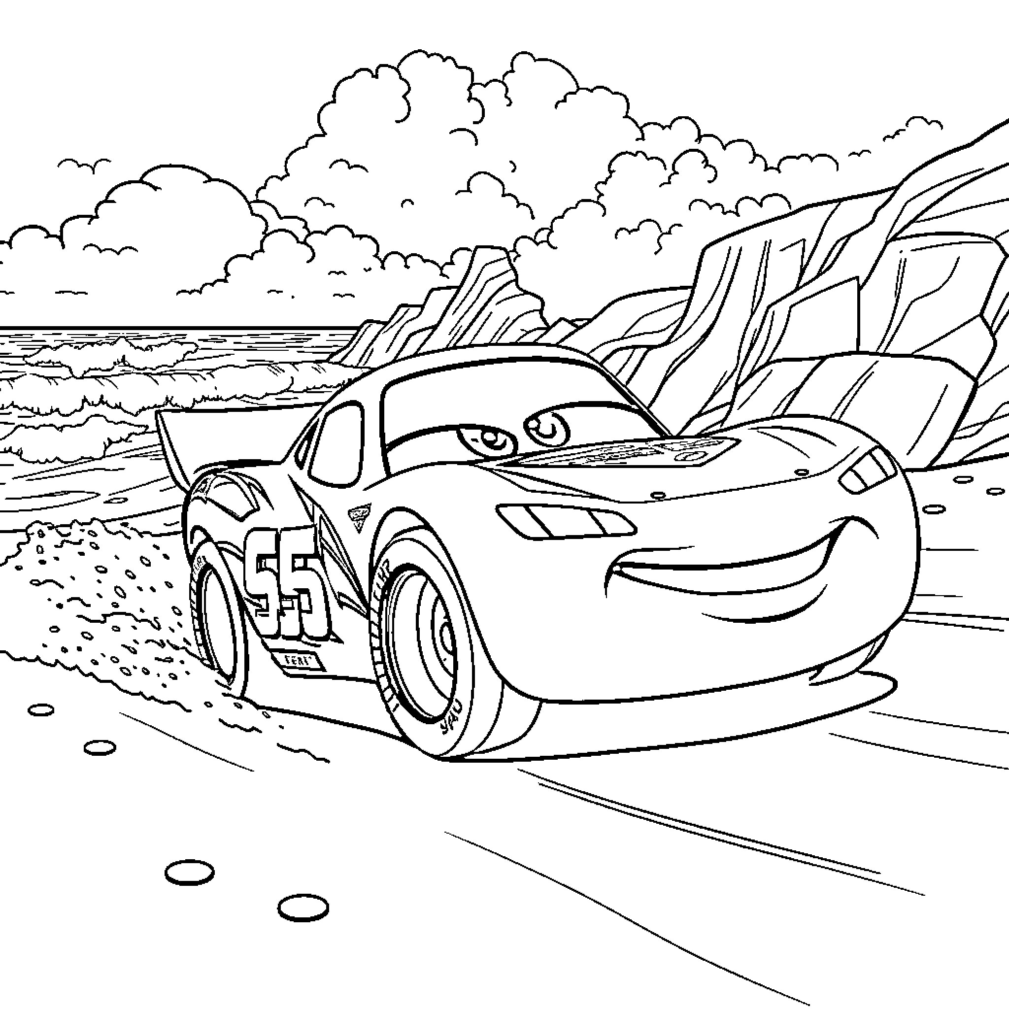 Cars racing on coastal landscape Coloring Page (free black-and-white line drawing printable PDF for all, from beginners to advanced learners, including children, teens, adults, and seniors)