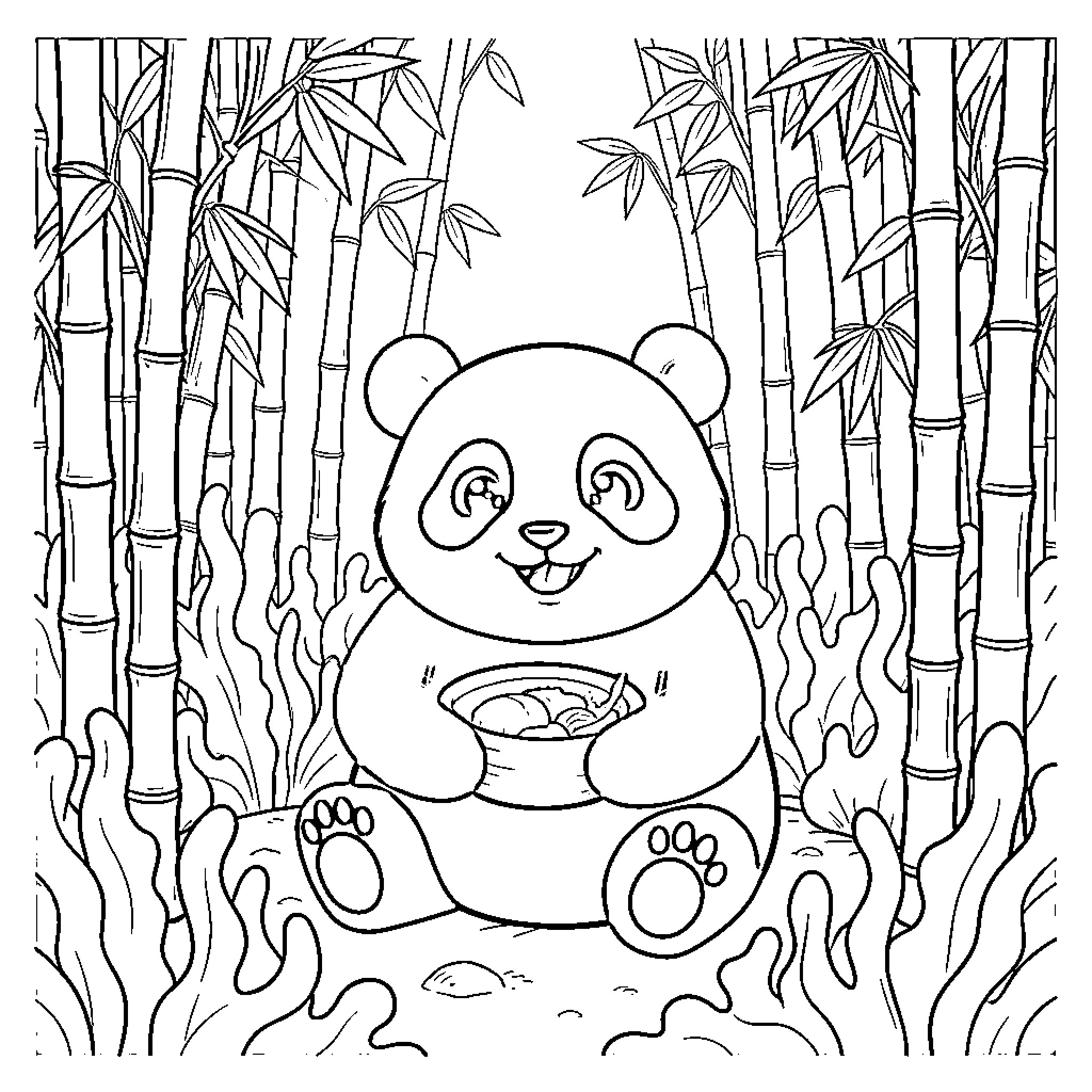 Panda enjoying a bowl of food in bamboo forest Coloring Page (free black-and-white line drawing printable PDF for all, from beginners to advanced learners, including children, teens, adults, and seniors)
