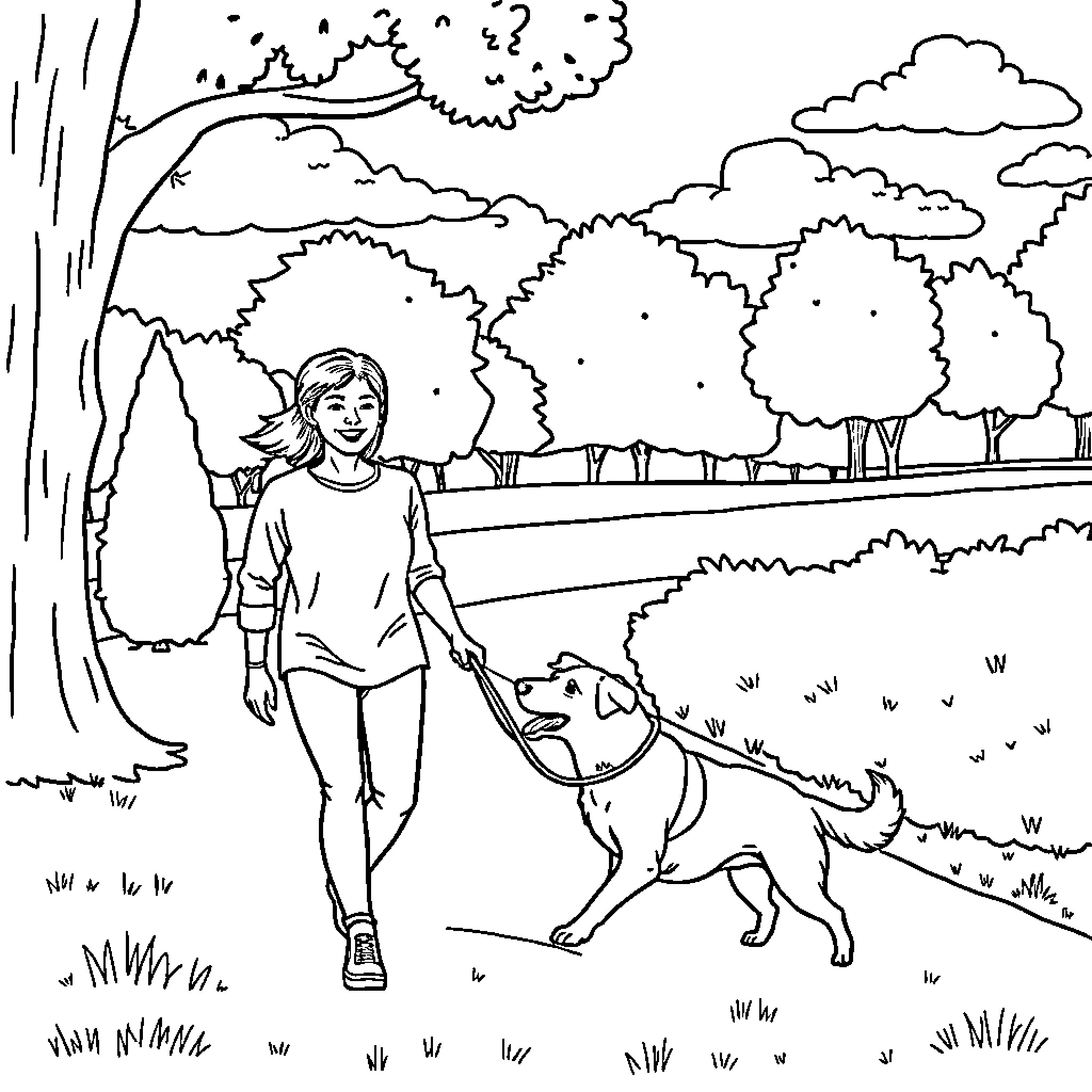 Dog and human walking together in the park Coloring Page (free black-and-white line drawing printable PDF for all, from beginners to advanced learners, including children, teens, adults, and seniors)