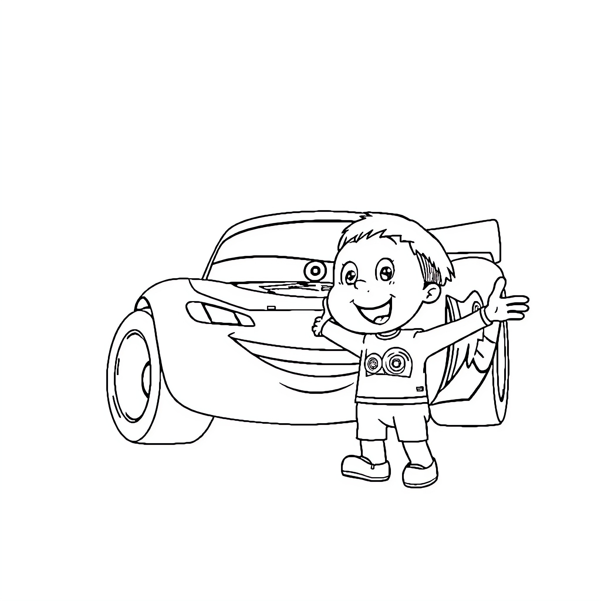 Lightning McQueen enjoying a happy moment with a child Coloring Page (free black-and-white line drawing printable PDF for all, from beginners to advanced learners, including children, teens, adults, and seniors)