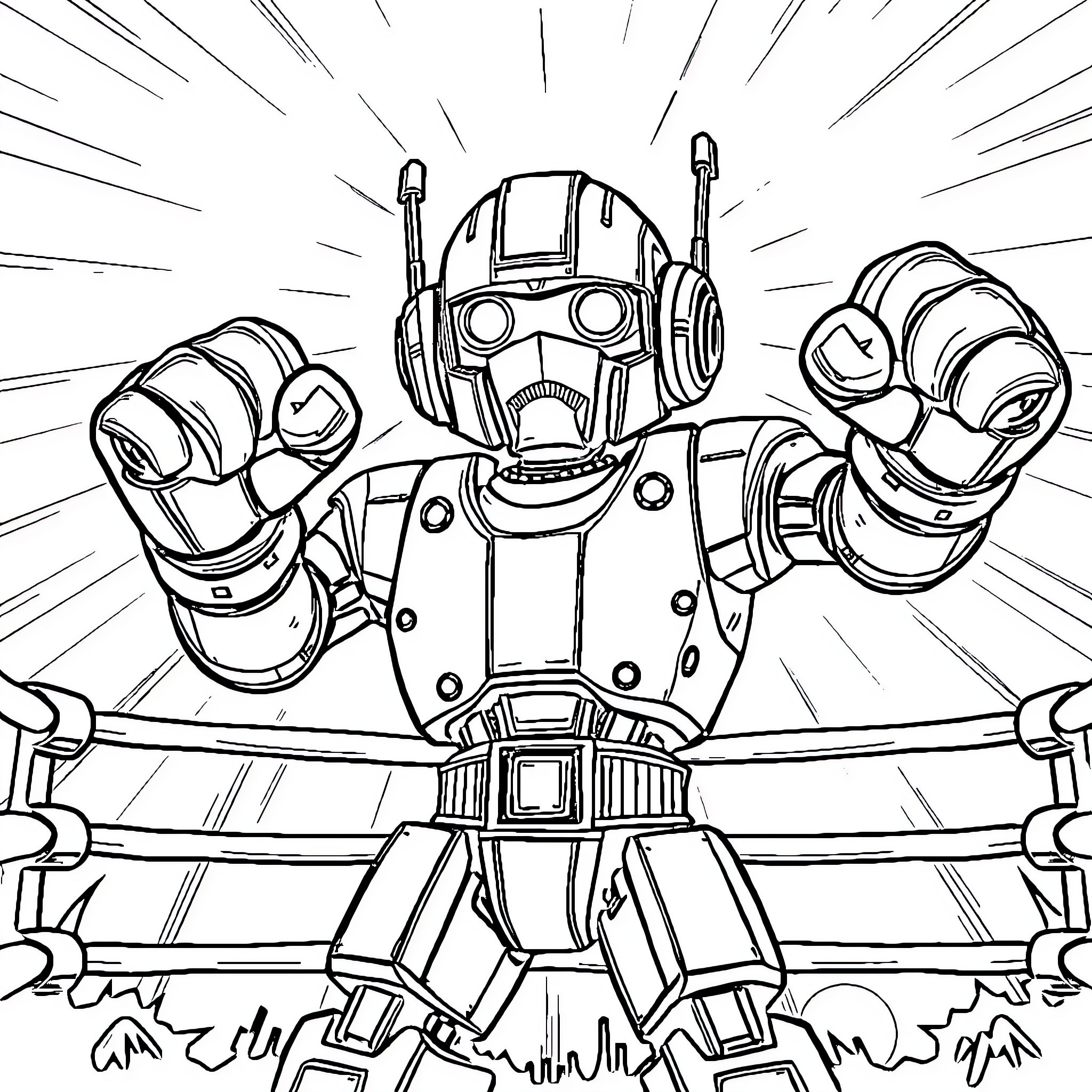 Robot Superhero Strikes Heroic Pose Coloring Page (free black-and-white line drawing printable PDF for all, from beginners to advanced learners, including children, teens, adults, and seniors)