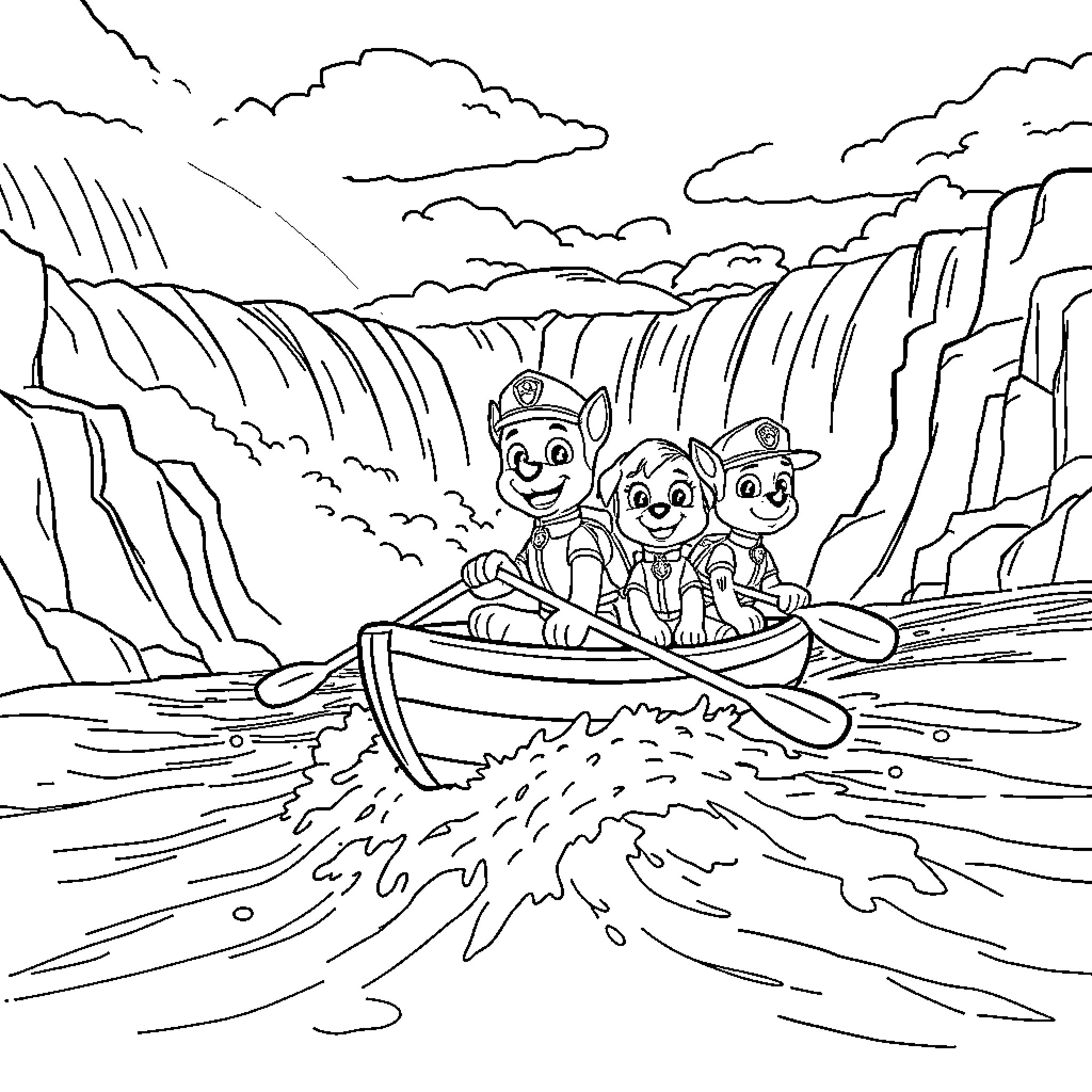 Paw Patrol Exploring Majestic Waterfalls in Boat Coloring Page (free black-and-white line drawing printable PDF for all, from beginners to advanced learners, including children, teens, adults, and seniors)