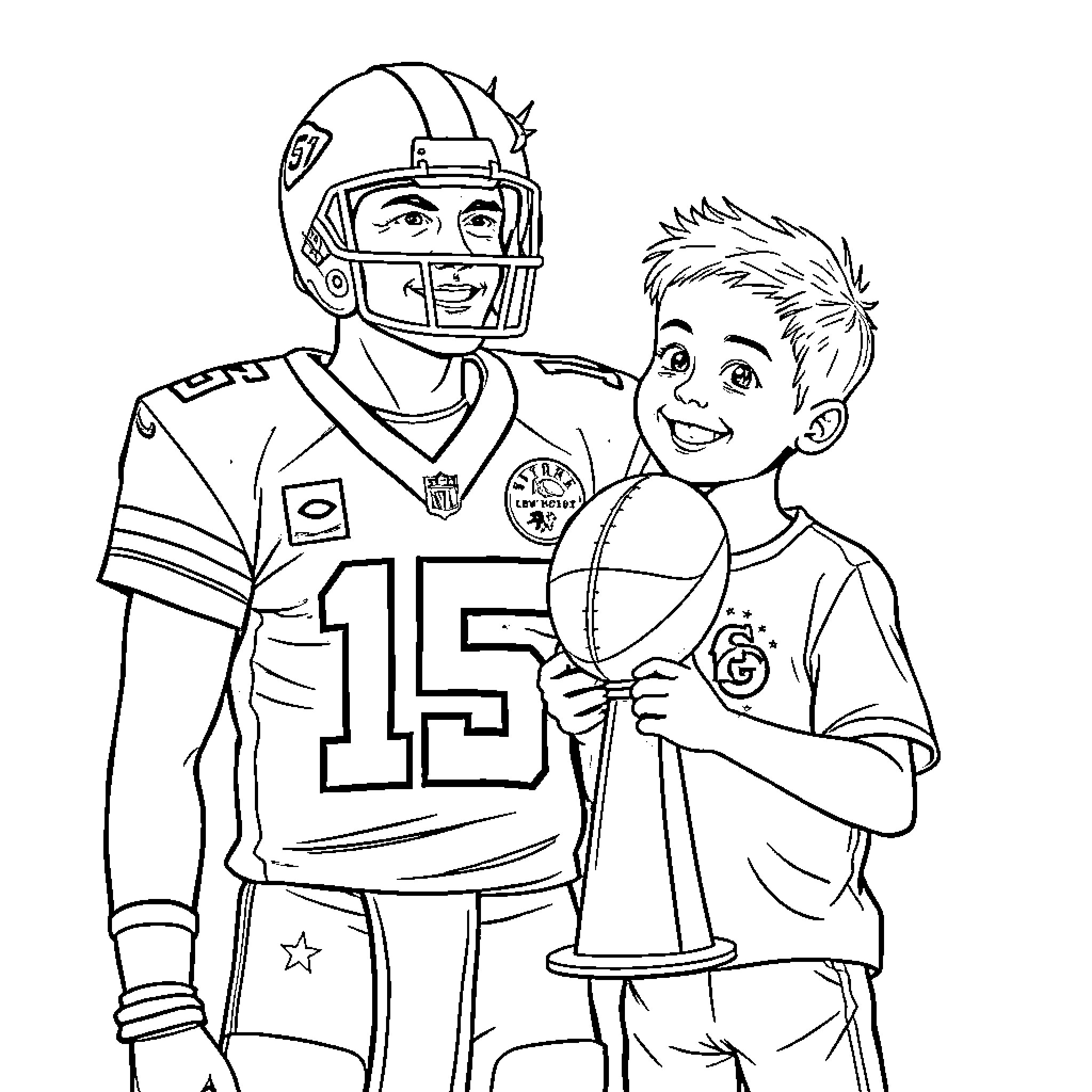 Patrick Mahomes Playing Football with Young Fan Coloring Page (free black-and-white line drawing printable PDF for all, from beginners to advanced learners, including children, teens, adults, and seniors)