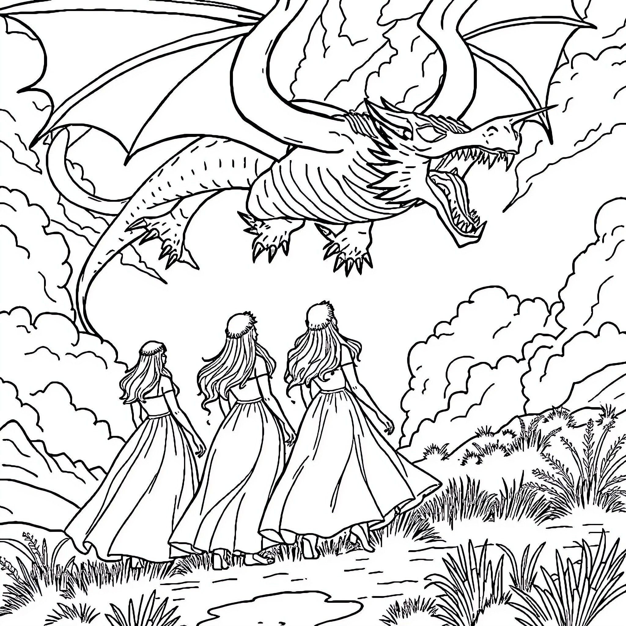 Woman facing a fierce dragon in a fantastical landscape Coloring Page (free black-and-white line drawing printable PDF for all, from beginners to advanced learners, including children, teens, adults, and seniors)