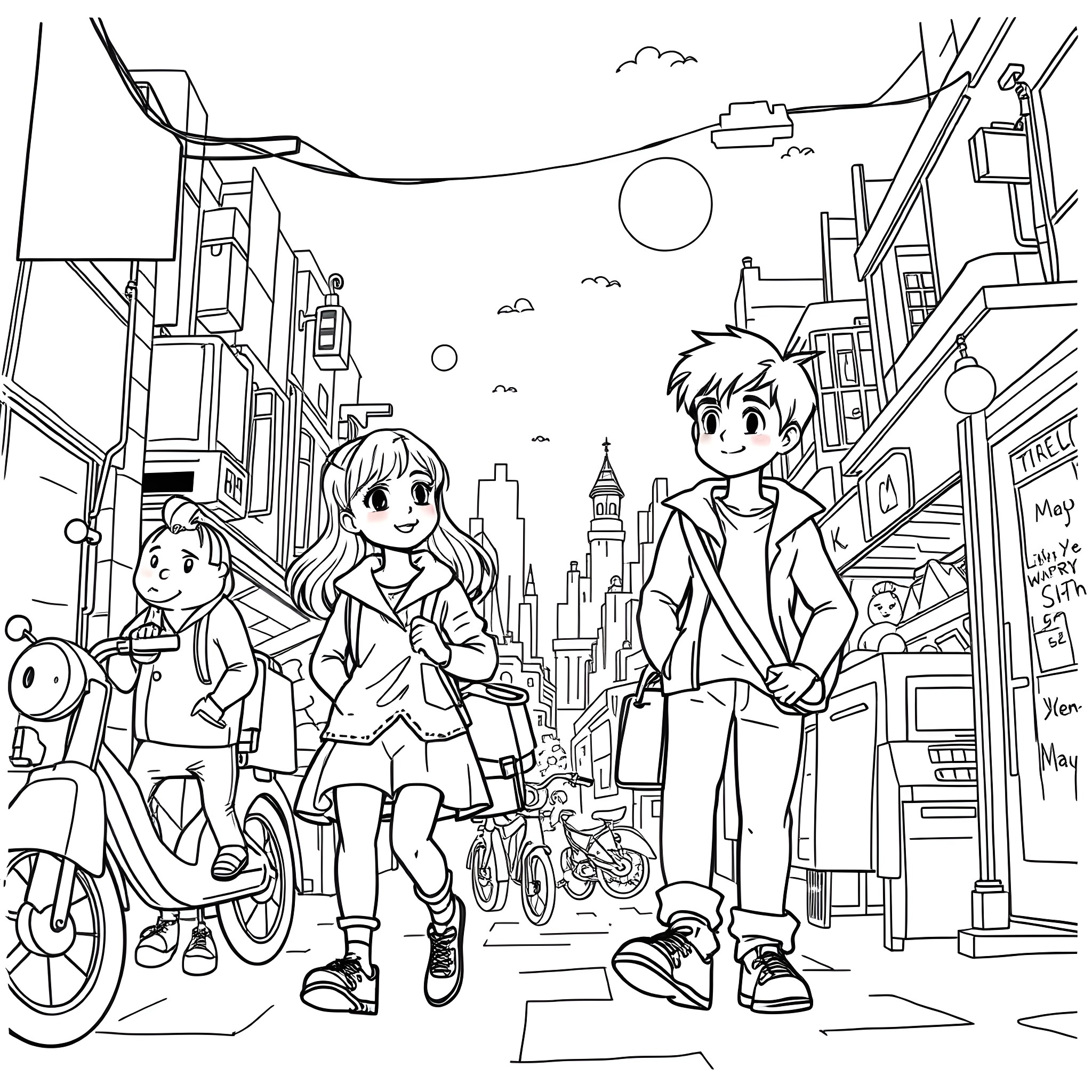 Character group exploring the city streets Coloring Page (free black-and-white line drawing printable PDF for all, from beginners to advanced learners, including children, teens, adults, and seniors)