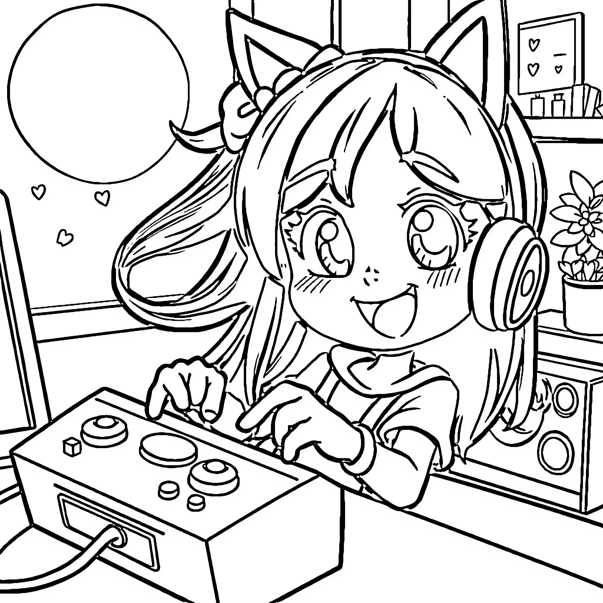 Aphmau playing video games happily in her room Coloring Page (free black-and-white line drawing printable PDF for all, from beginners to advanced learners, including children, teens, adults, and seniors)